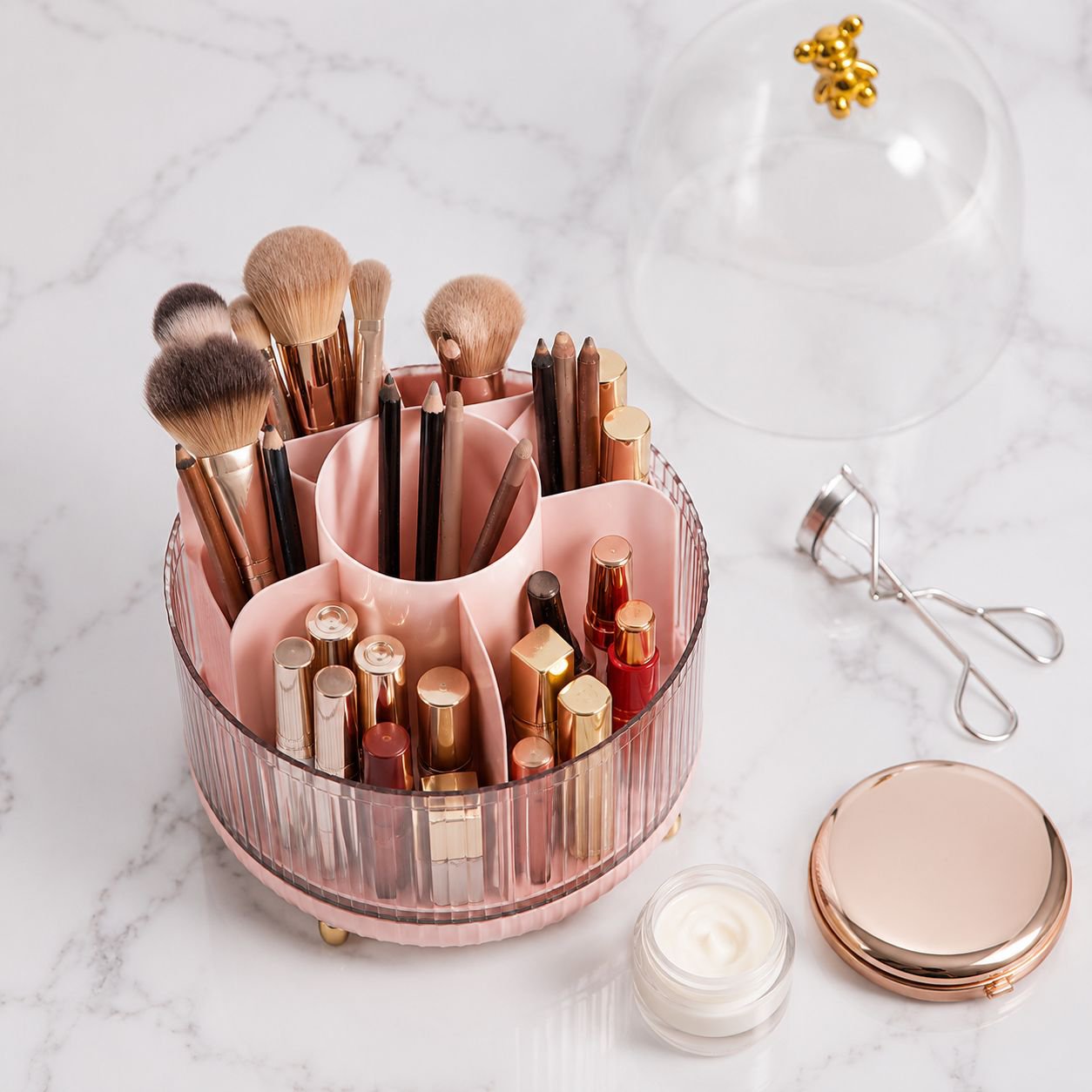 Cartoon Bear Makeup Storage Box Rotating Desktop Lipstick Eyebrow Pencil Organizer