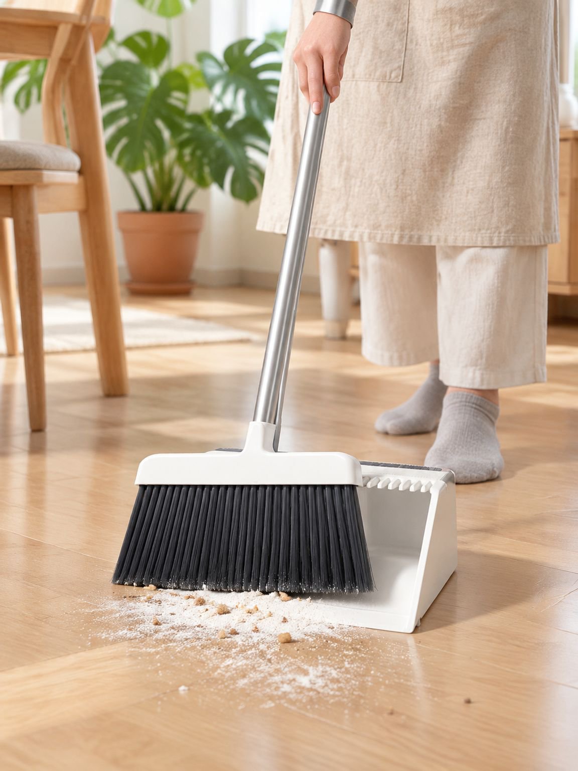 Foldable broom and dustpan set placed neatly in a storage room