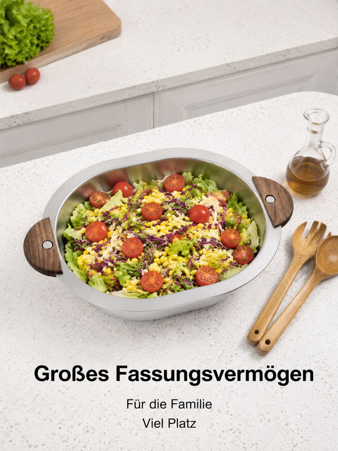 Salatschüssel aus Edelstahl mit Walnussholzgriffen