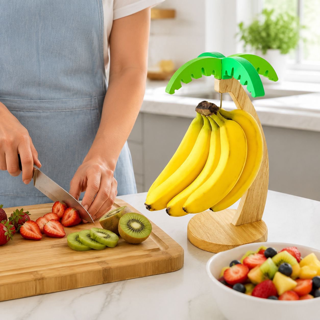Sturdy wooden banana rack with fruit display feature
