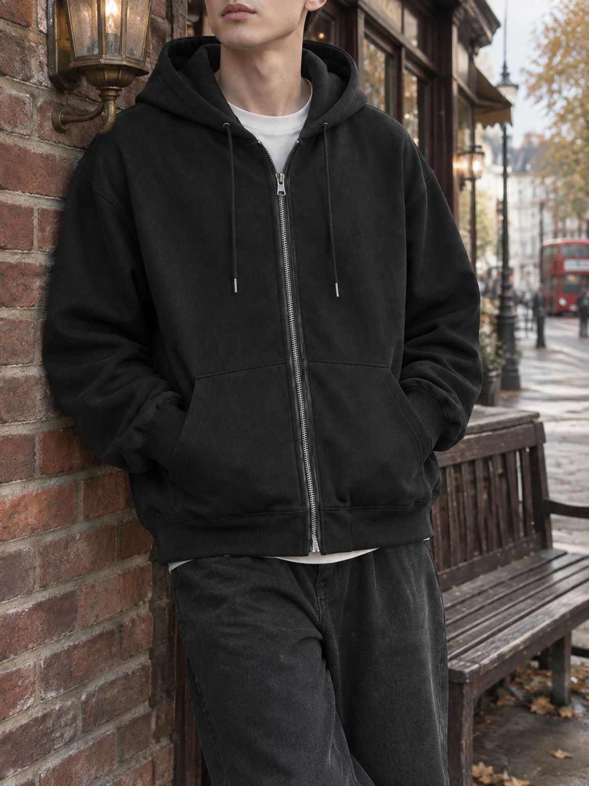 Front view of men's hooded sweatshirt cardigan
