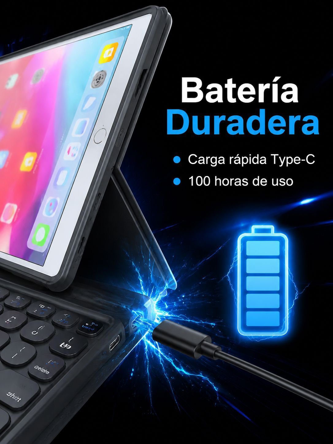 Detalle del teclado táctil Bluetooth integrado en la funda