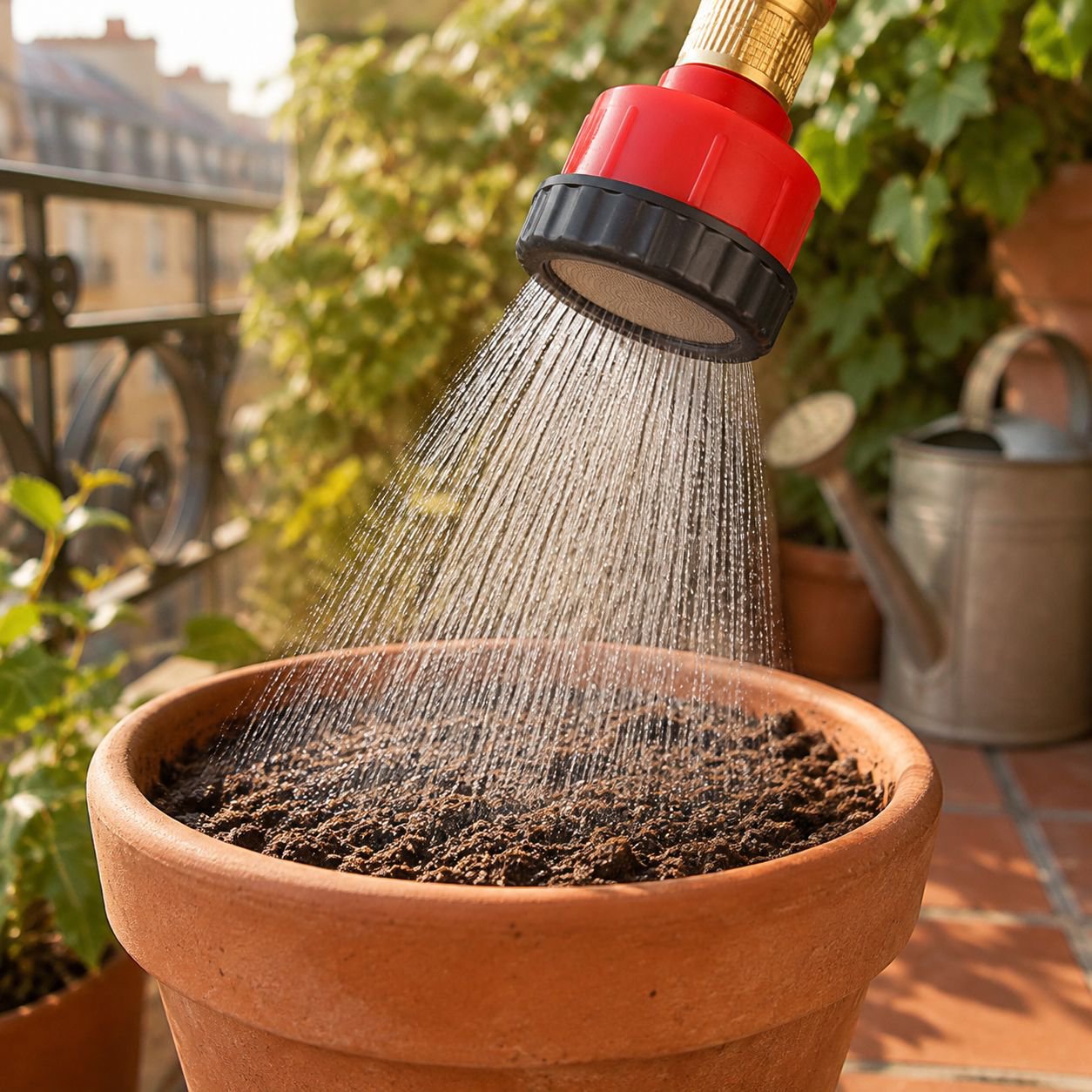Buse d'arrosage à grille installée sur tuyau de jardin