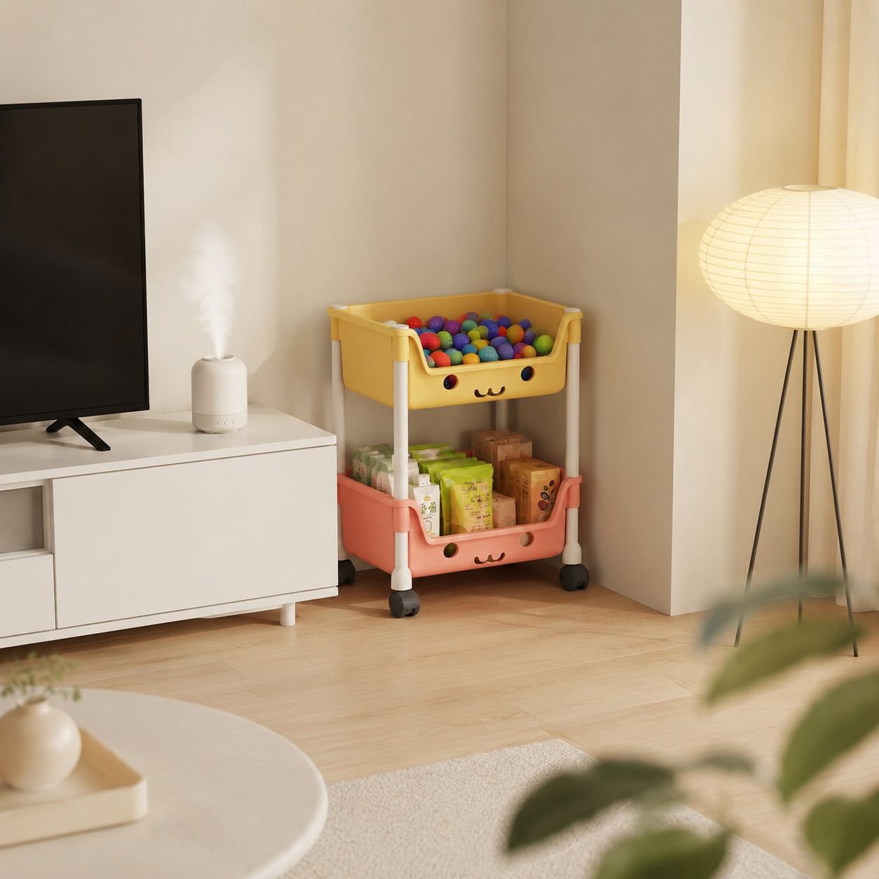 Multi-layer rolling storage shelf for kids