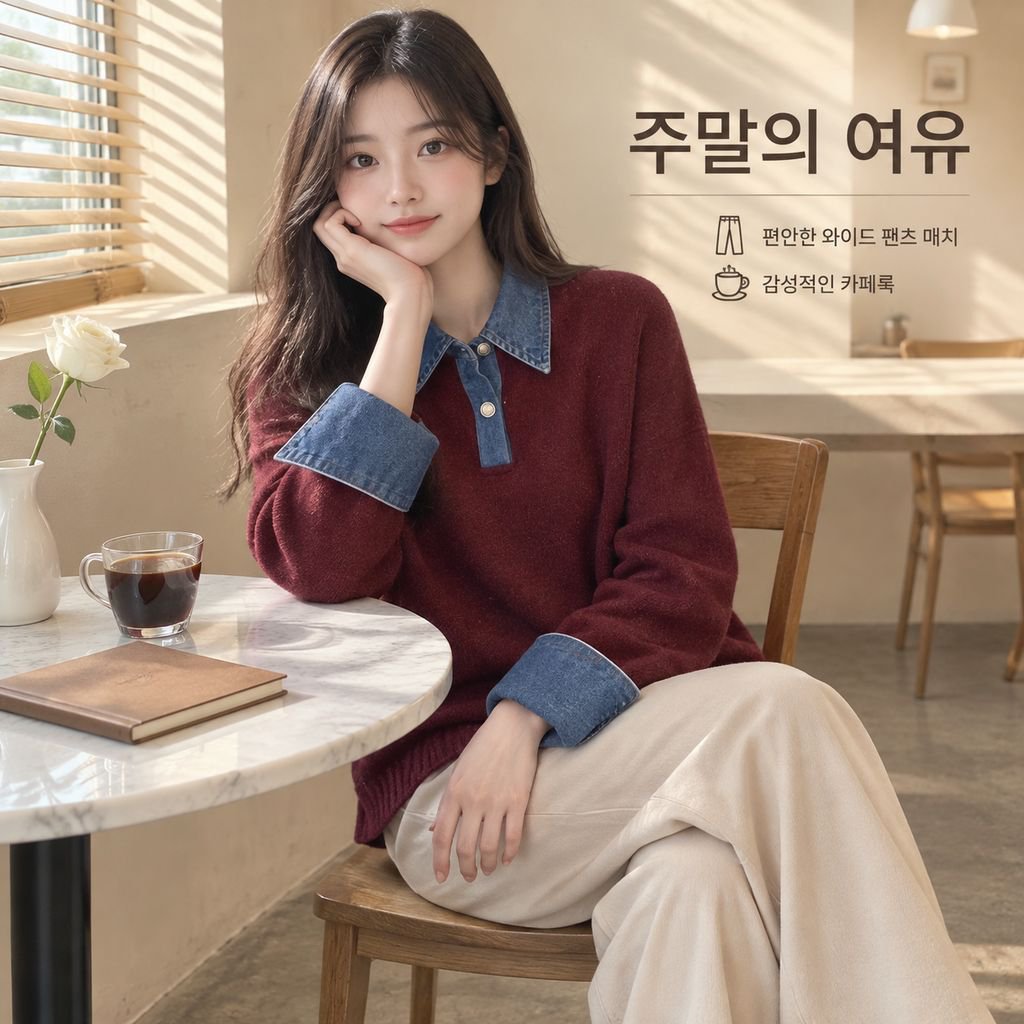 가을겨울 여성 POLO 카라 데님 배색 레이어드 니트 상의