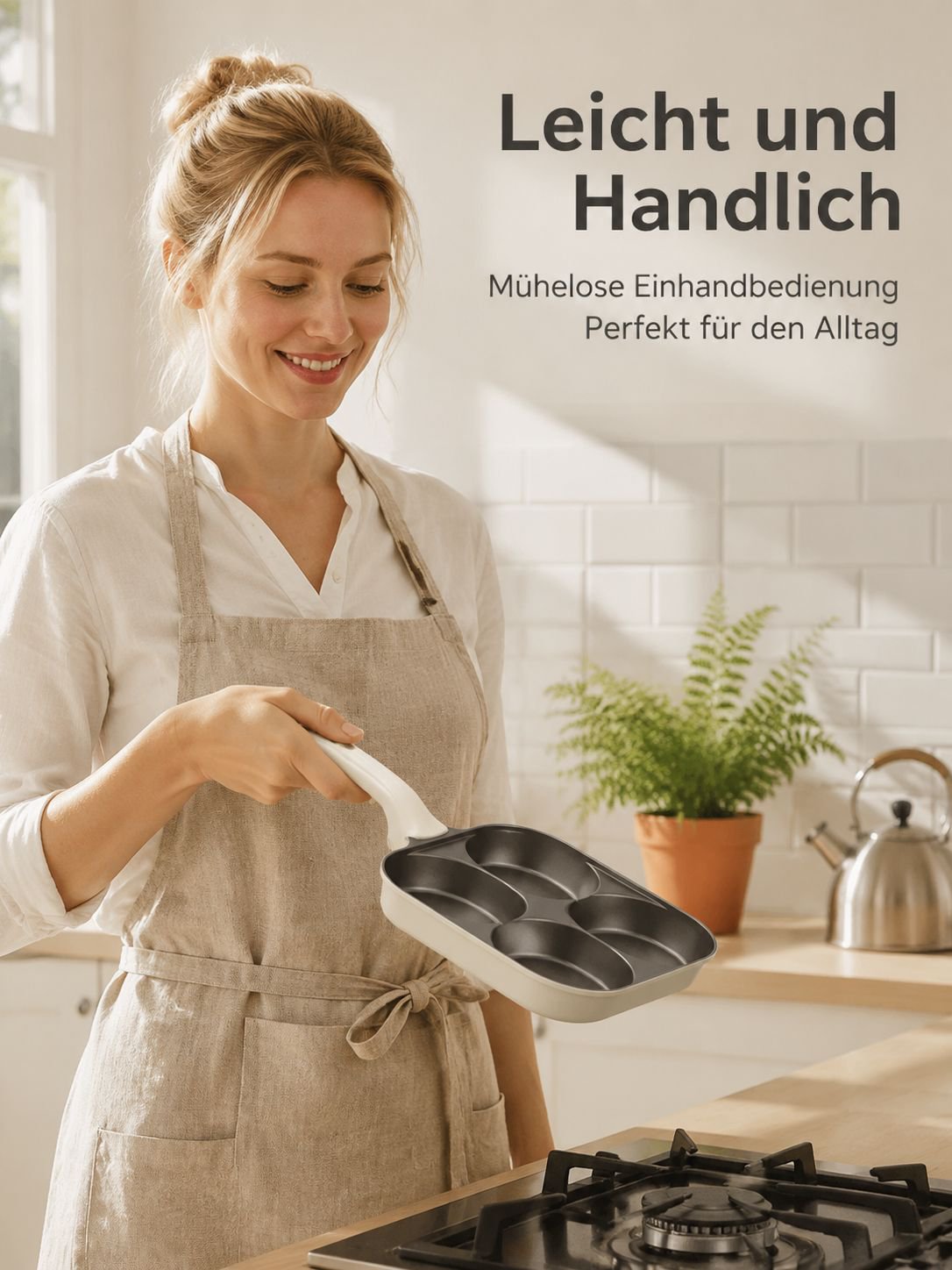Leicht zu reinigende Keramikpfanne mit vier Eiern