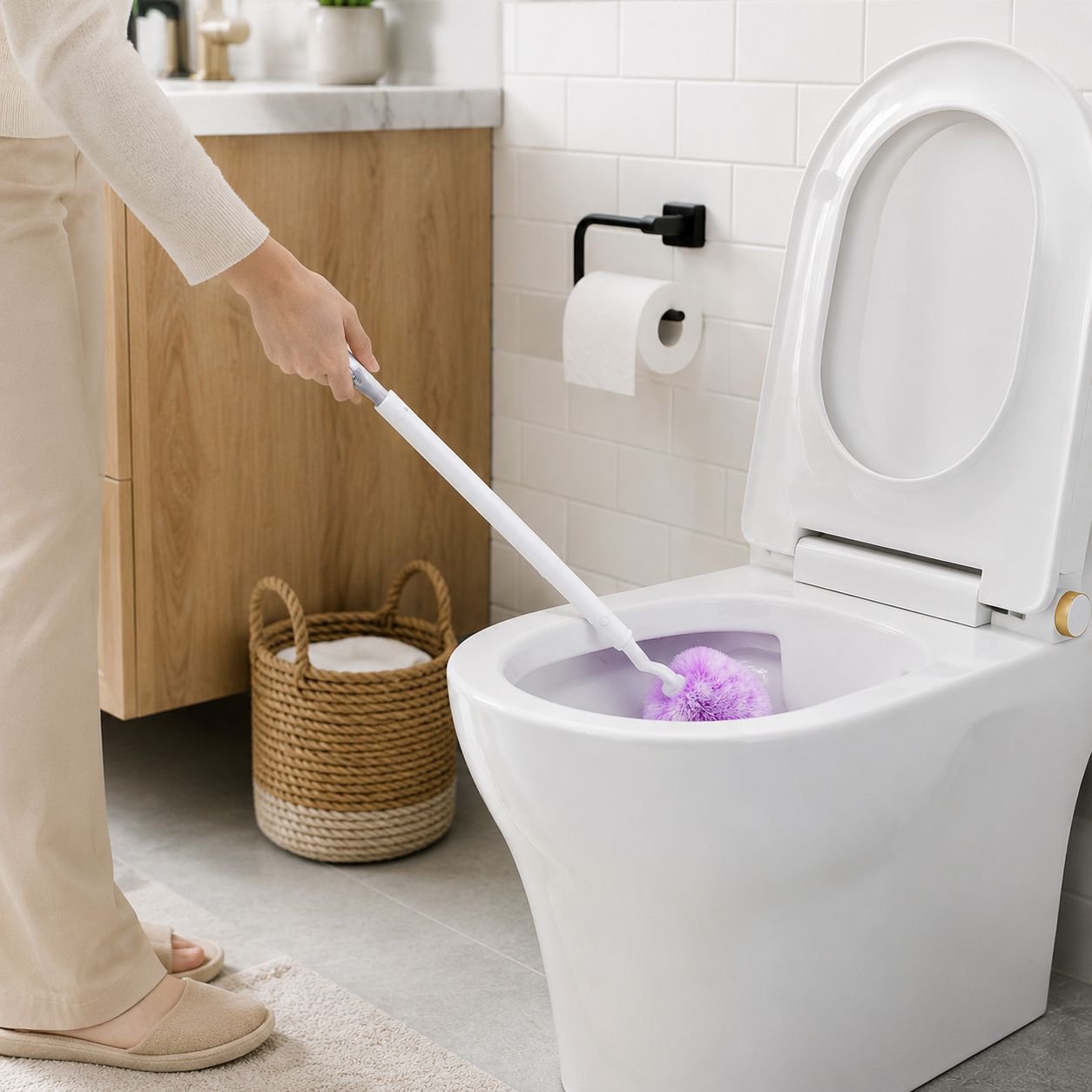 JMY toilet brush gently cleaning a glazed toilet bowl