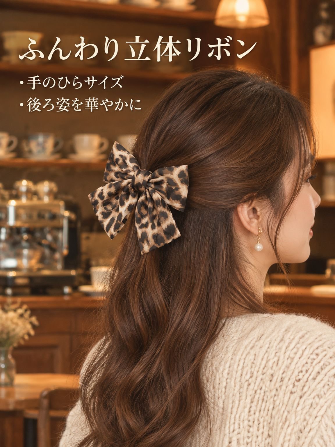 ヒョウ柄のリボンヘアクリップ