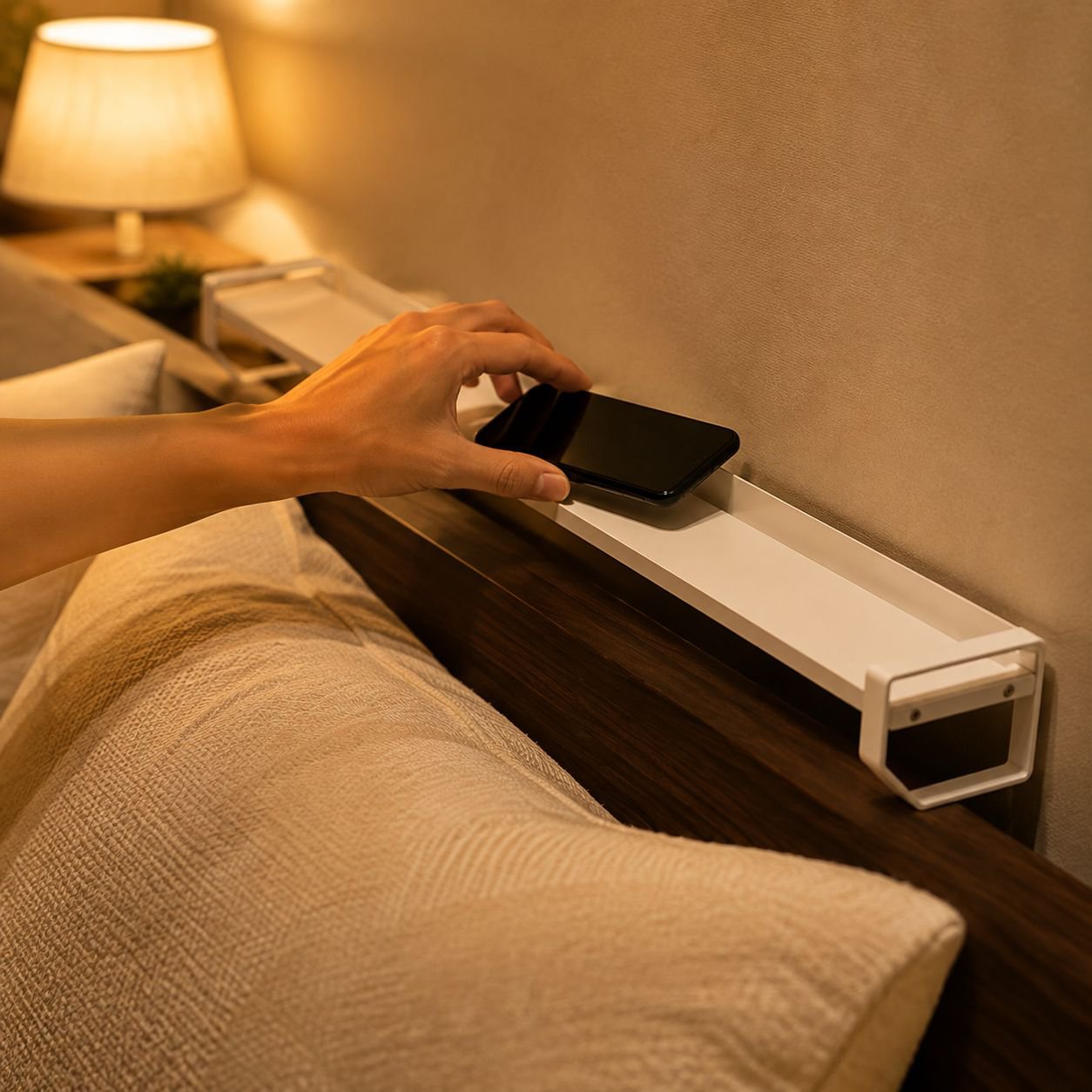 Slim storage shelf fitting beside bed