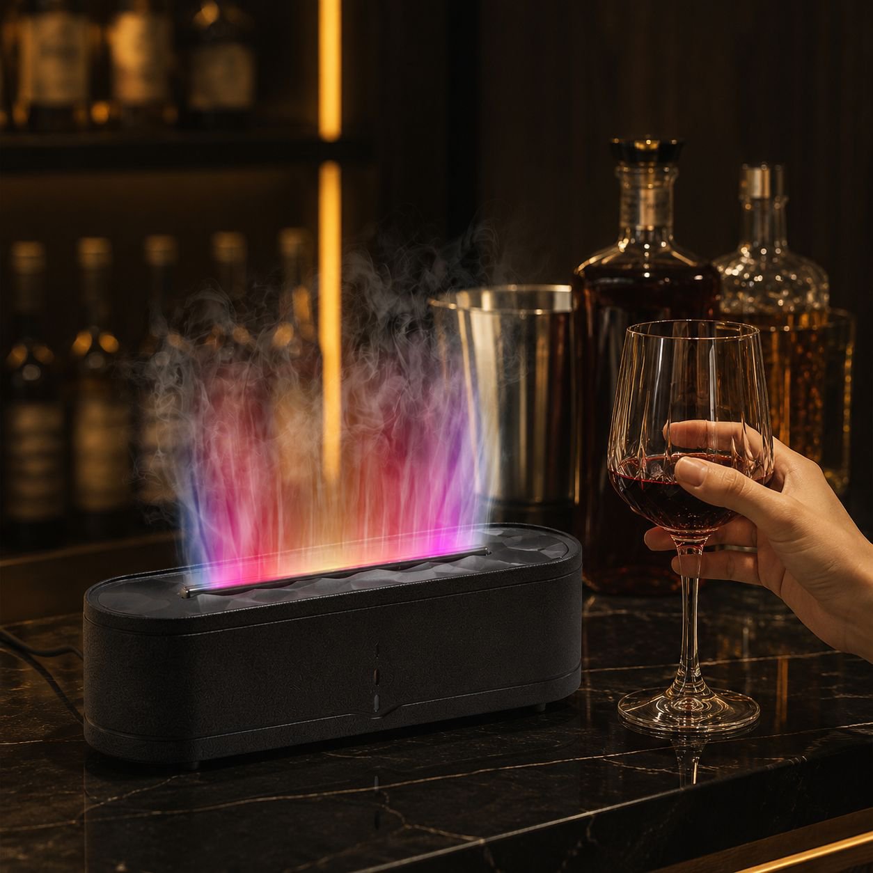Difusor de aroma con llama simulada, lámpara multicolor y humidificador para casa