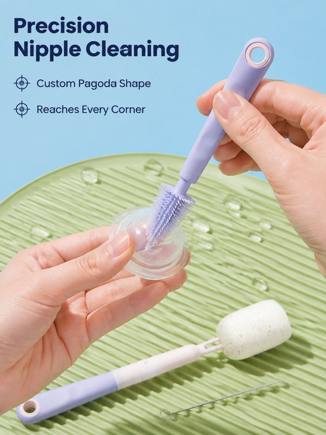 Travel Baby Bottle Brush with Pulp Cotton and Silicone Nipple Brush