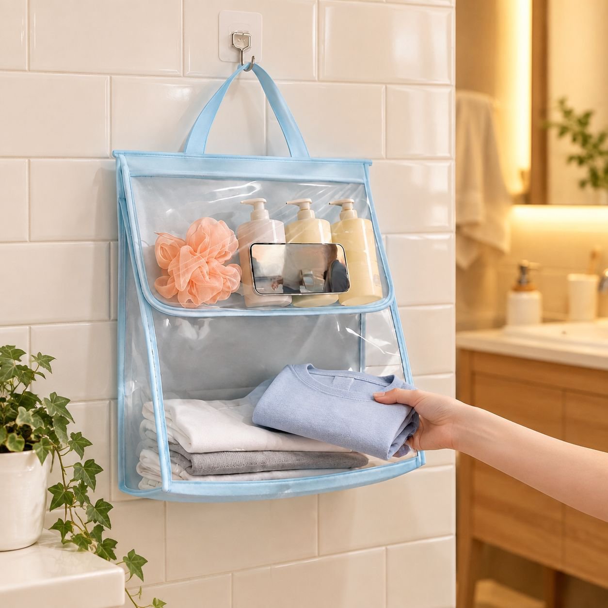 Transparent waterproof bathroom storage hanging bag, toilet shower and clothing storage bag, layered