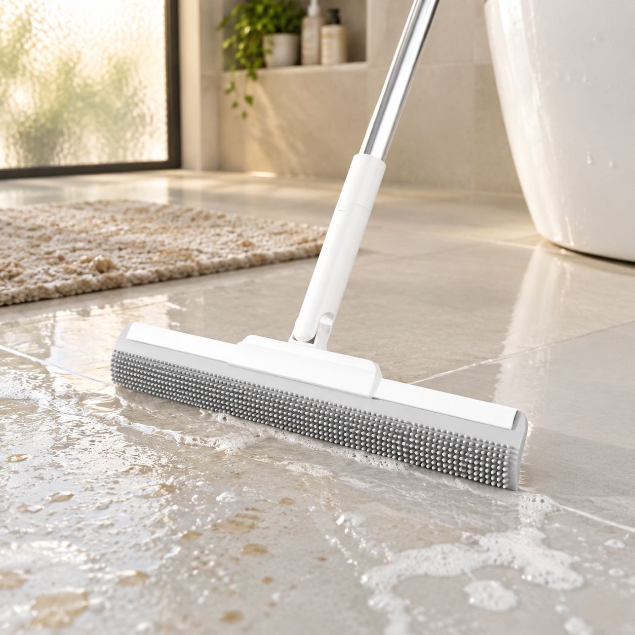 Limpiavidrios de baño eliminando manchas de agua