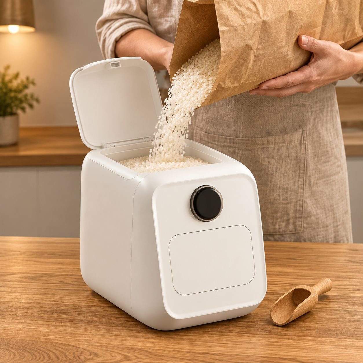 Cubo de arroz automático de 10kg, apertura inferior, uso cómodo con una mano, gran capacidad