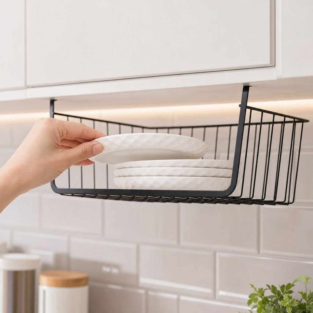 Close-up of adhesive installation on kitchen storage rack