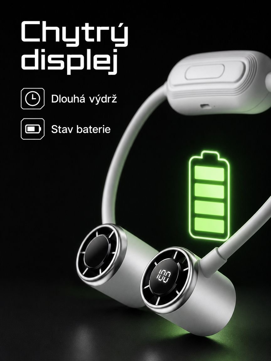 Mini větrák na krk, dlouhá výdrž baterie