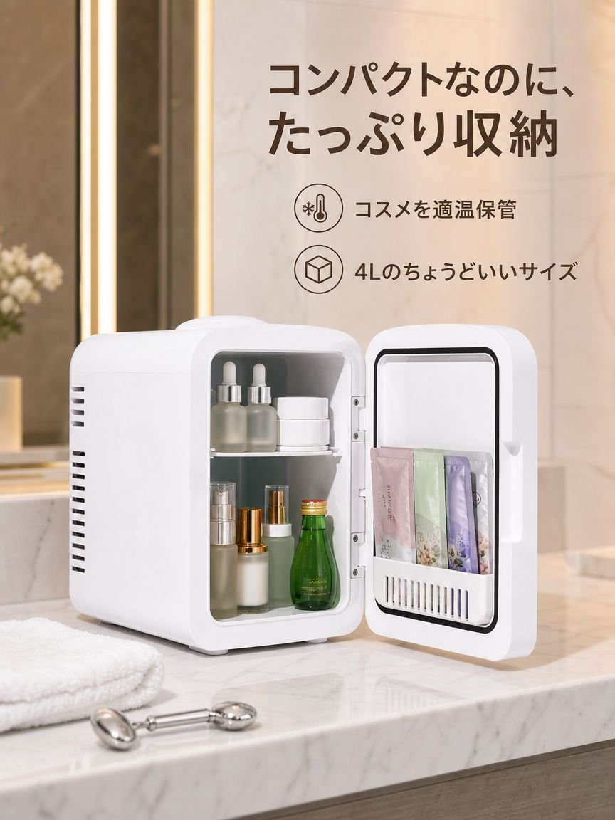 化粧鏡付きの小型冷蔵庫。車内でも家庭でも使用可能。