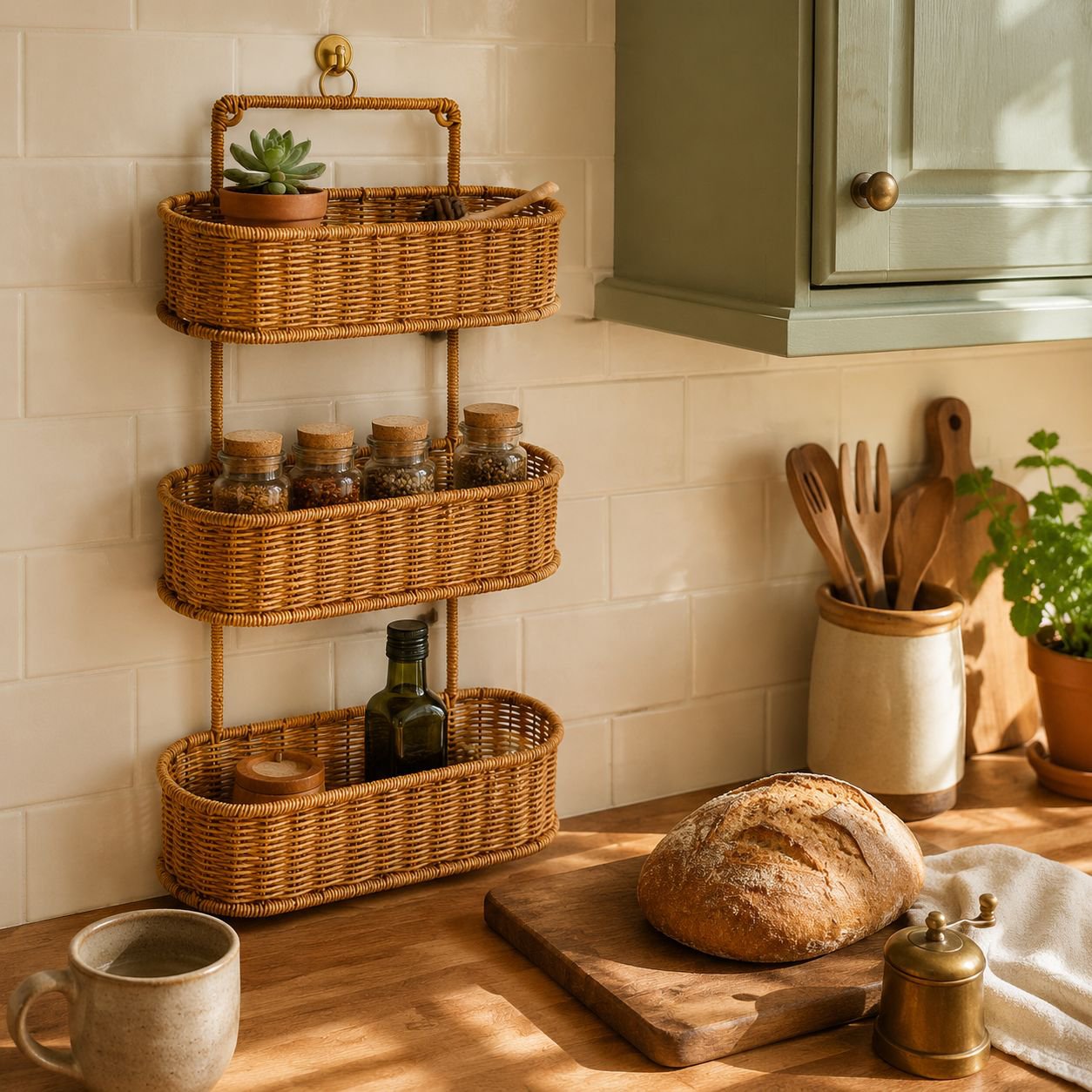Bathroom wall shelf holding shampoo and soap