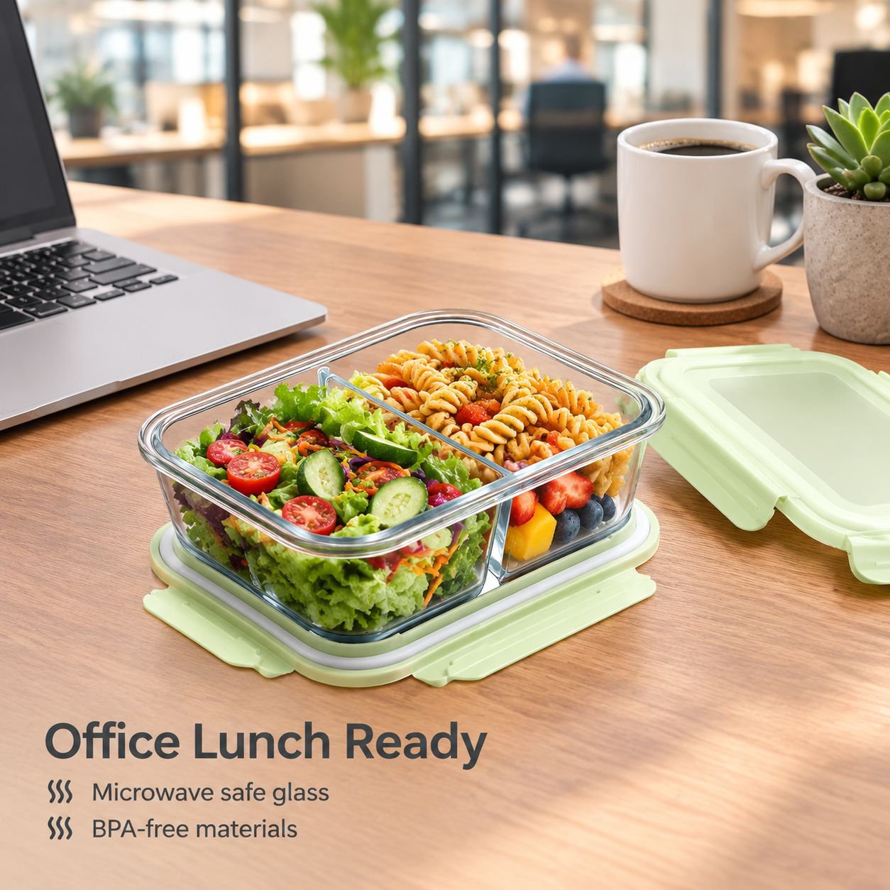 Microwave Safe Glass Bento Lunch Box with Divided Compartments and Lid