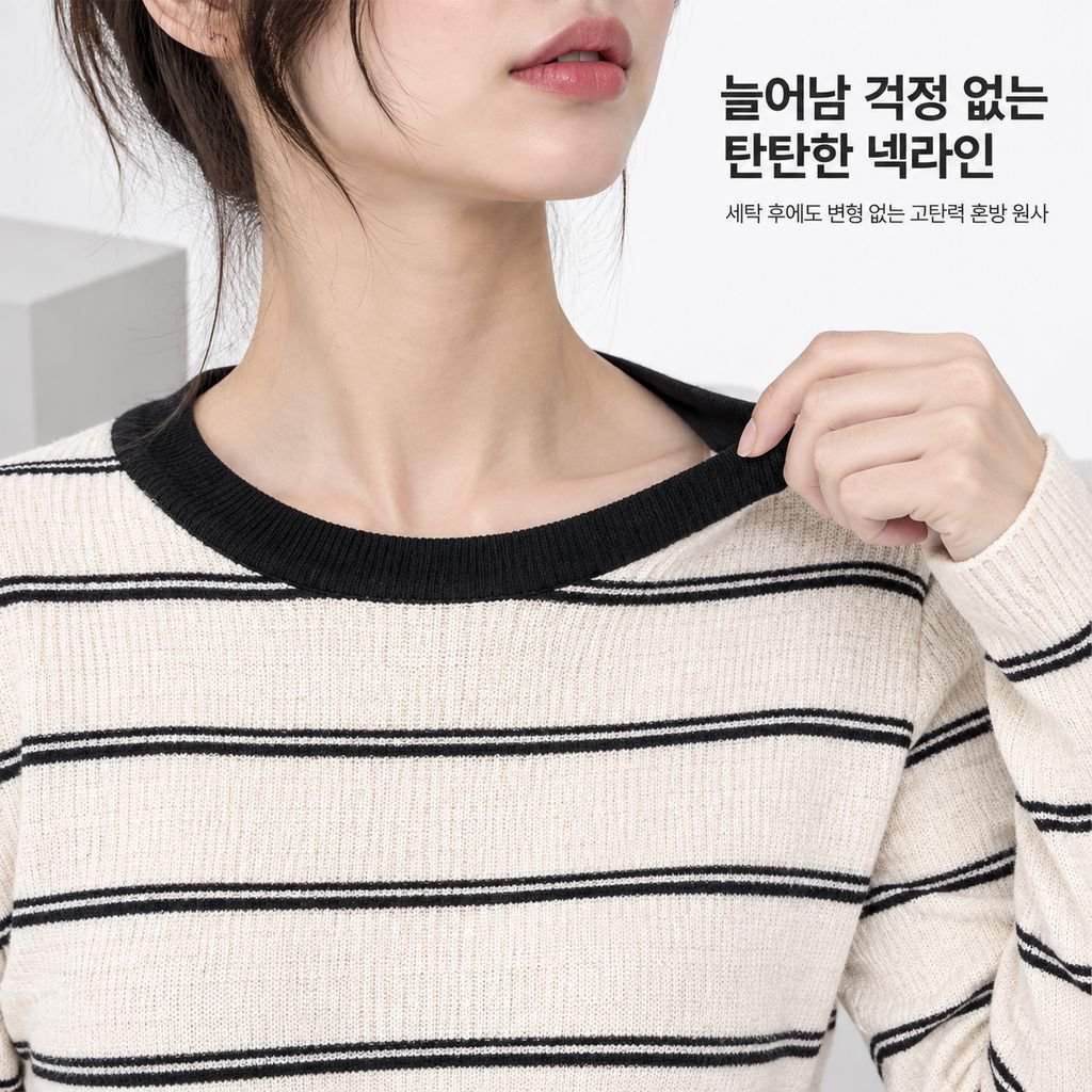 가을 한국 스타일 패션 라운드 넥 풀오버 니트, 배색 스트라이프 슬림핏 긴팔