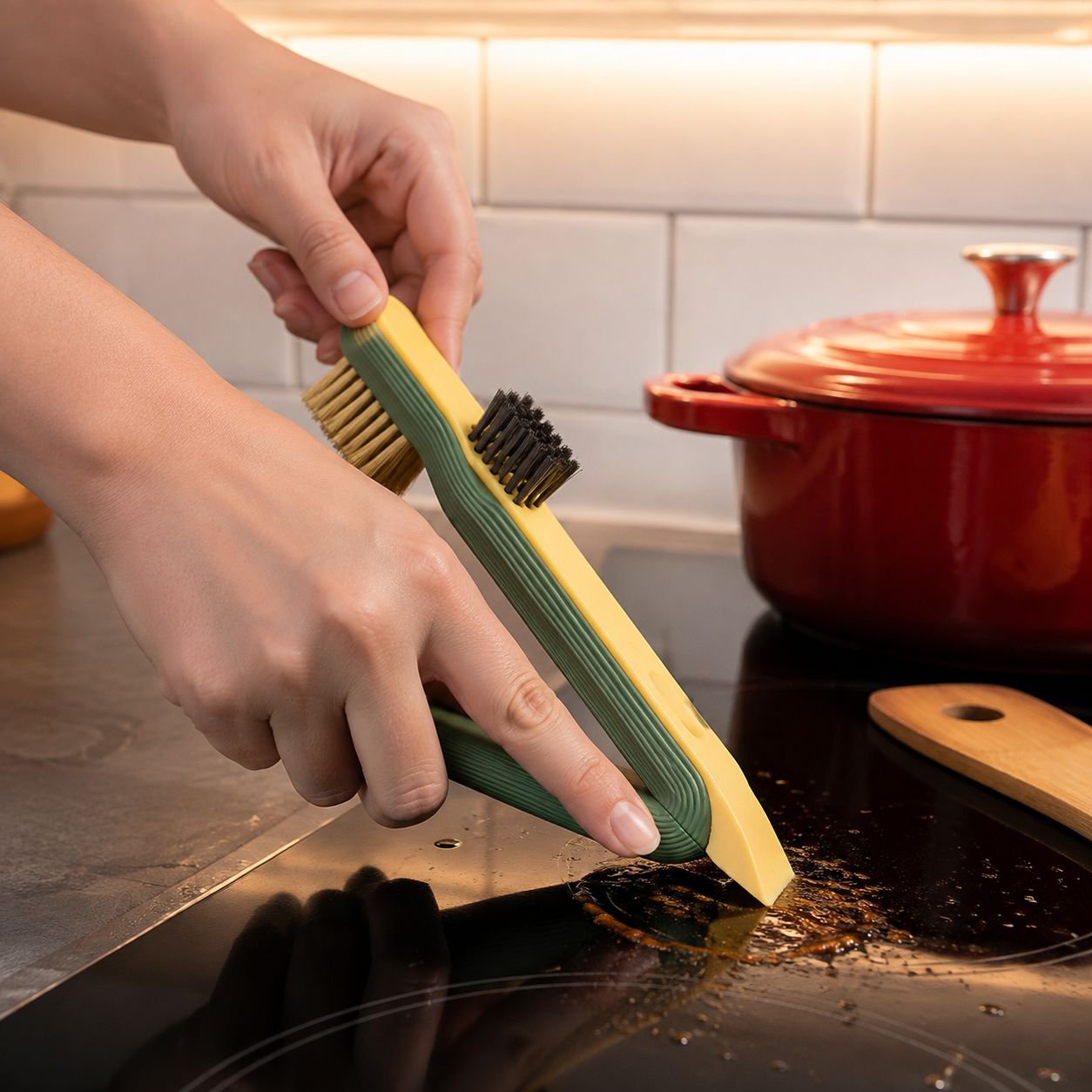 Cleaning brush removing tough stains from stove surface