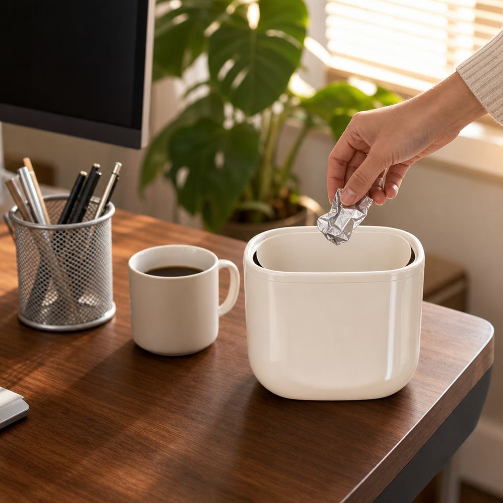 Space-saving mini trash can for workspace