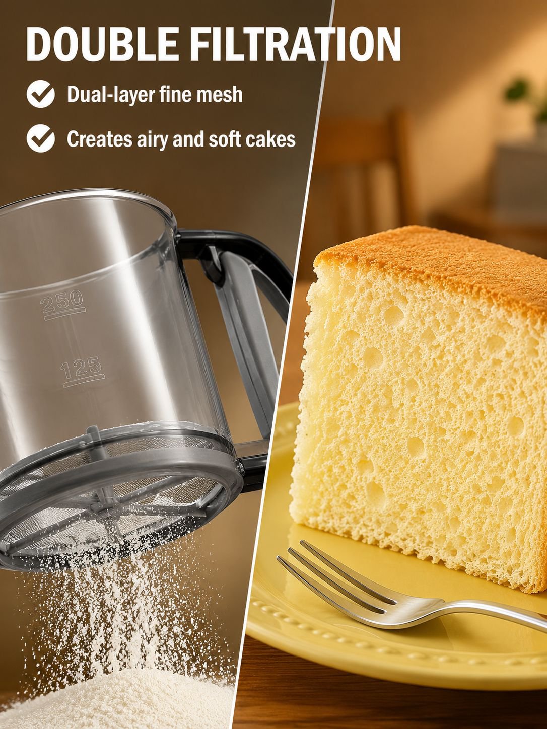 ergonomic handheld flour sifter with fine mesh filter