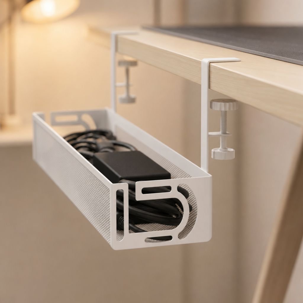 Organized cables and power strips with under desk tray