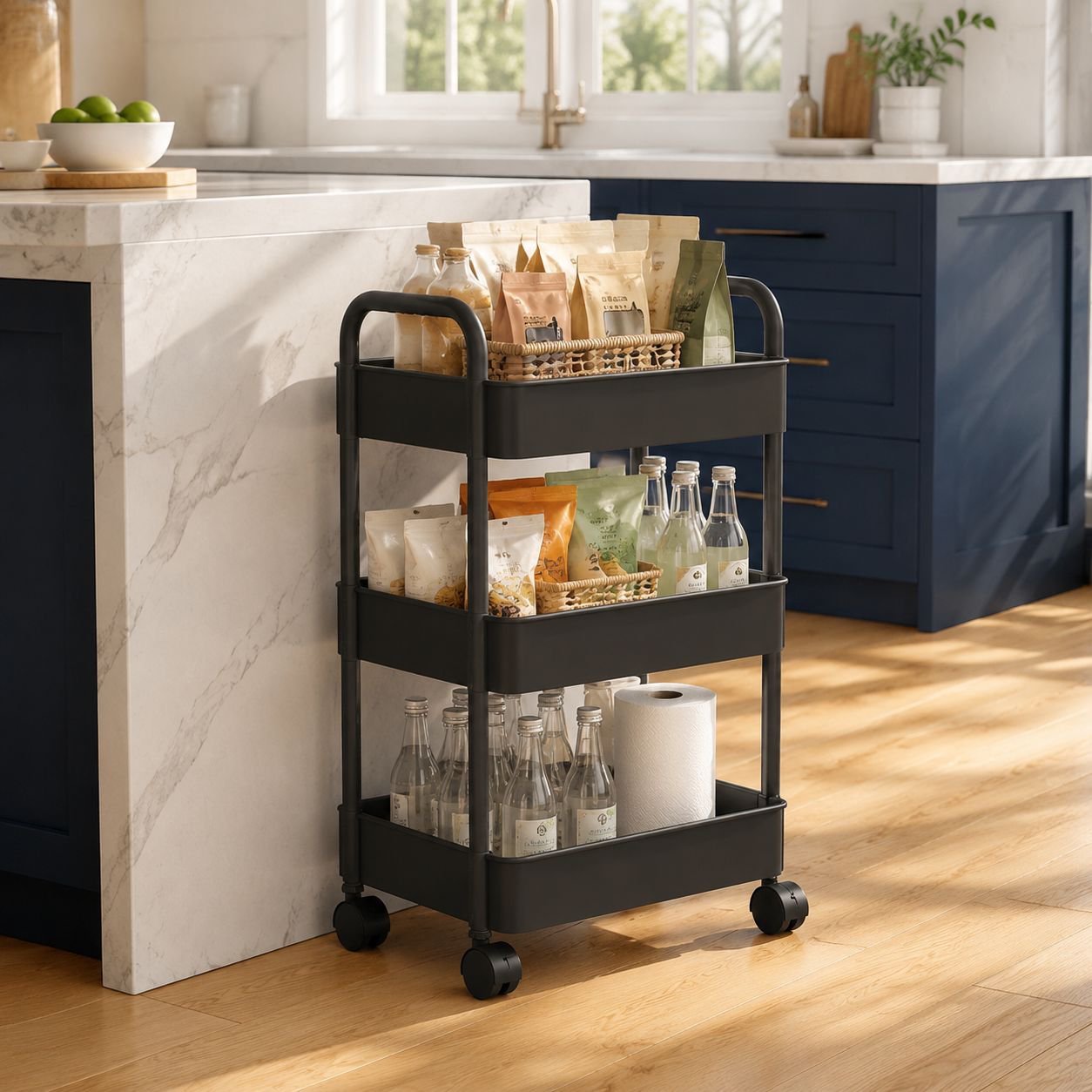 Movable Multi-Layer Storage Rack Carbon Steel Foldable Trolley for Kitchen and Bedroom