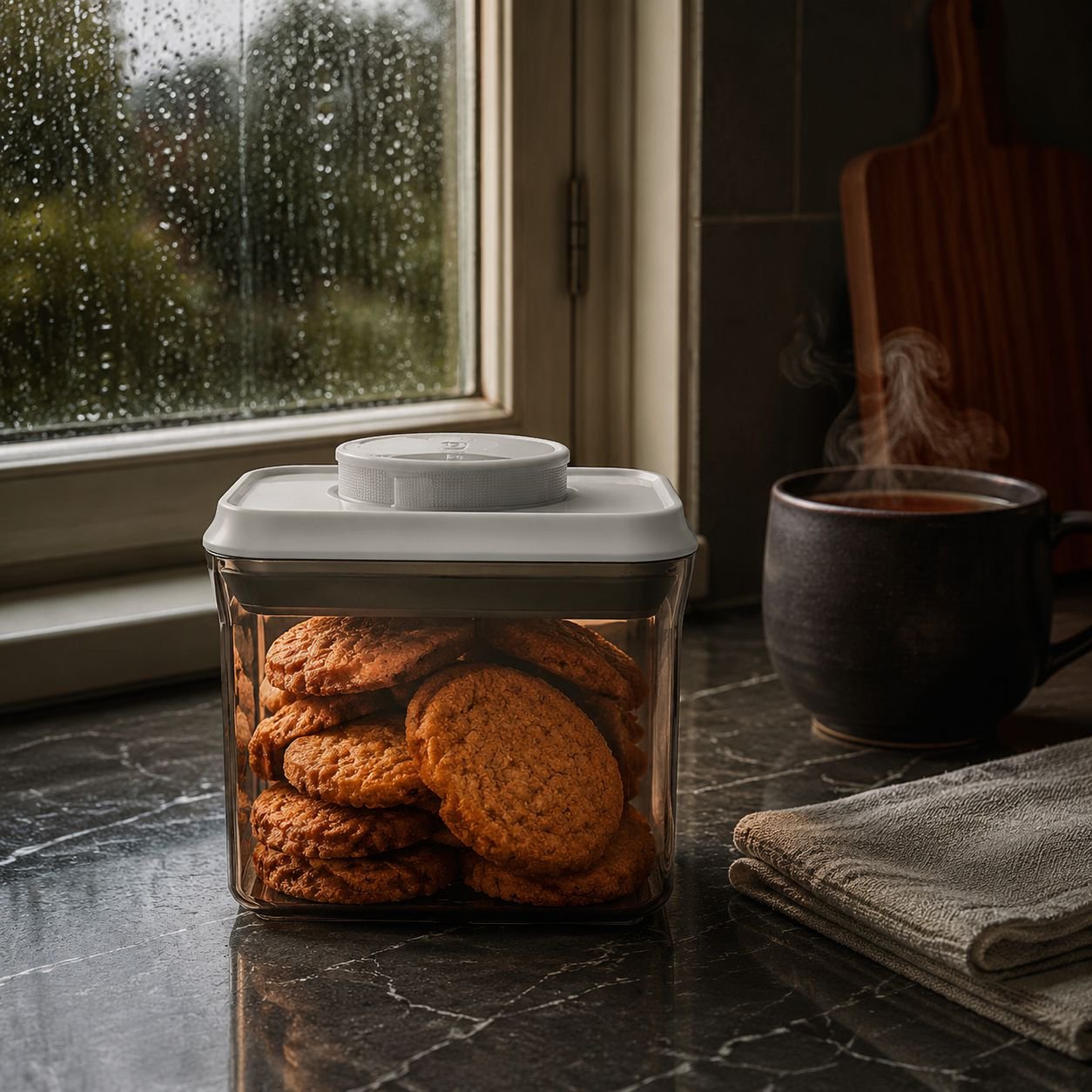 Transparent airtight container showing grain contents