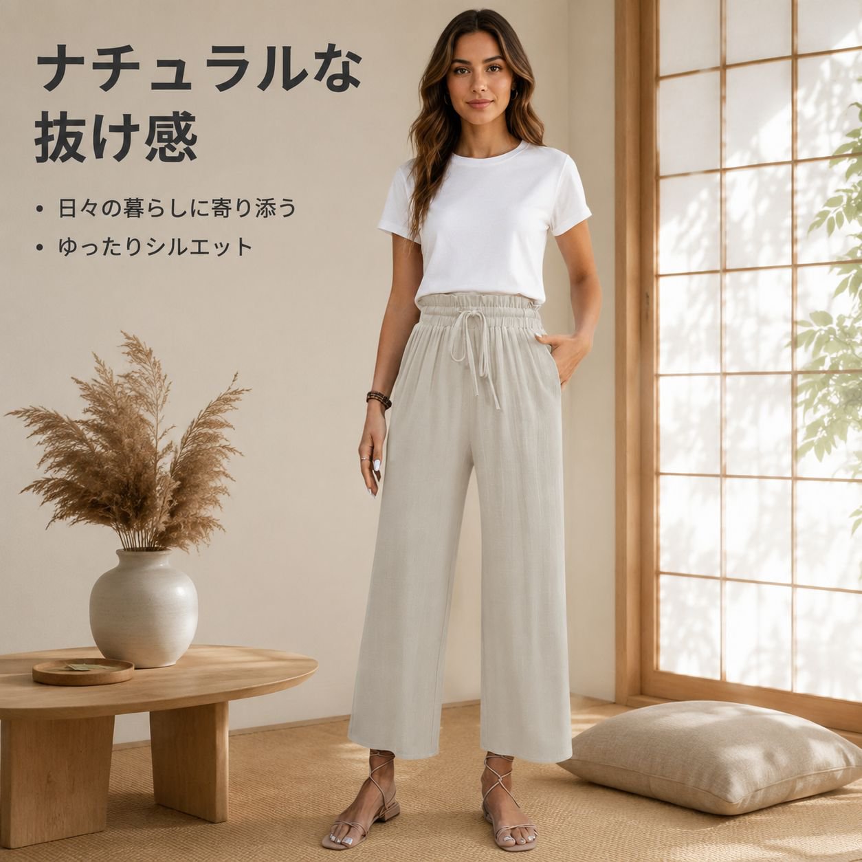 レディースカジュアルコットンリネンワイドパンツ