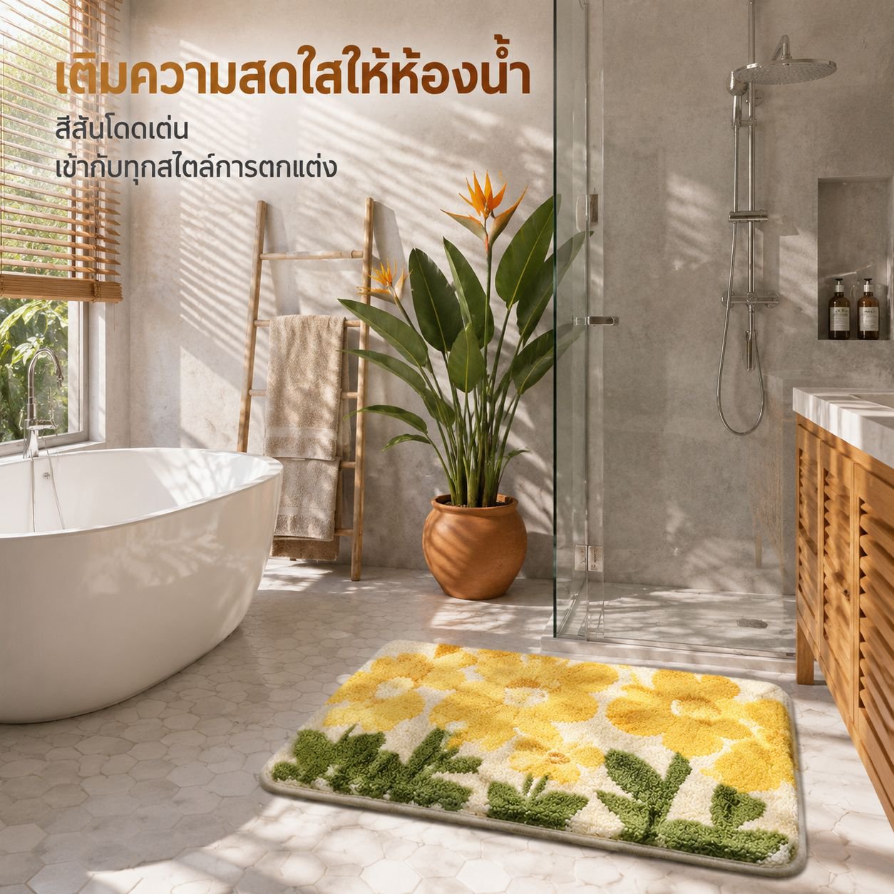 พรมเช็ดเท้าห้องน้ำลายดอกไม้ ขนสูงต่ำ กันลื่น ซับน้ำได้ดี