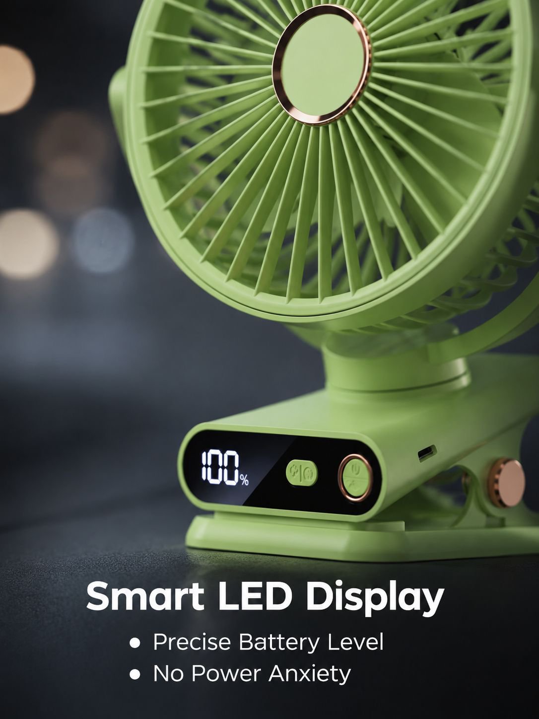 Desktop clip-on fan with automatic oscillation, USB charging, digital display, silent night light, p