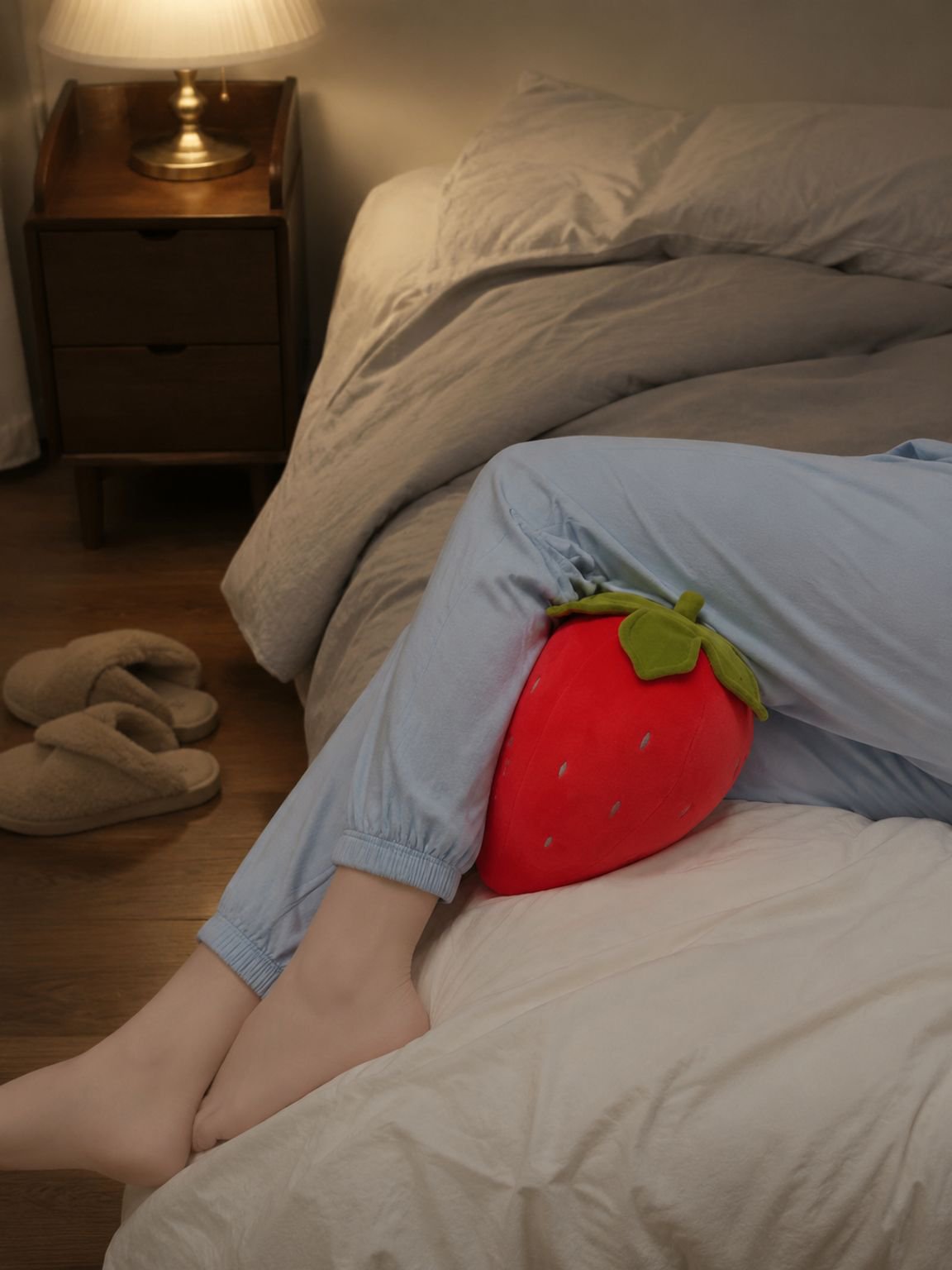 Vista frontal de la almohada de peluche fresa
