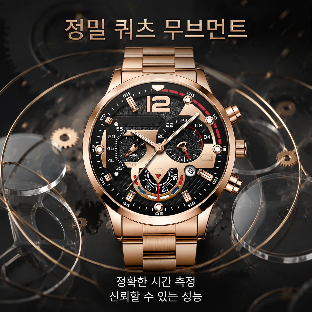 남성용 원형 다이얼, 야광 바늘, 스틸 스트랩, 쿼츠 시계