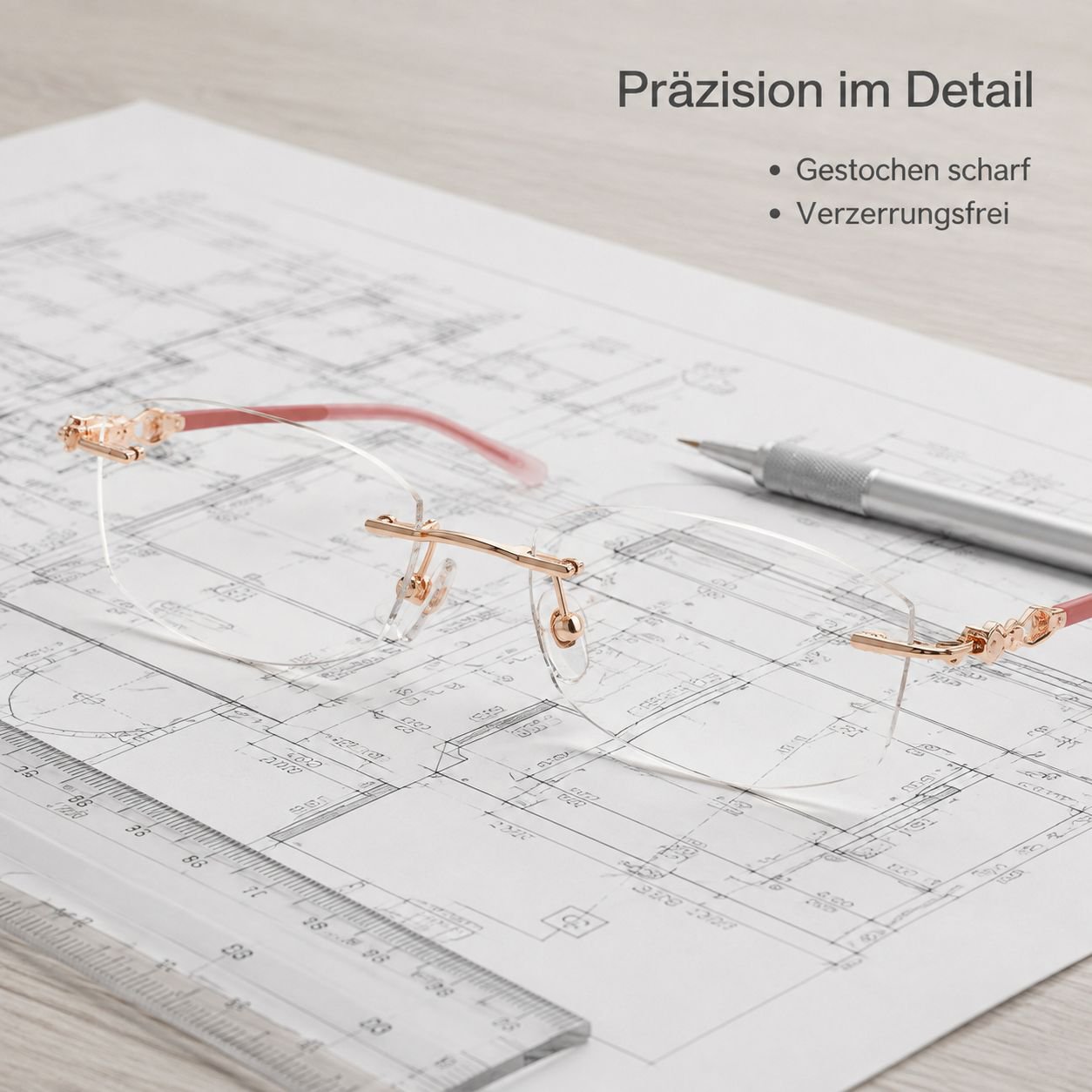 Rahmenlose Lesebrille mit Blaulichtfilter und intelligenter Zoomfunktion für Nah- und Fernsicht