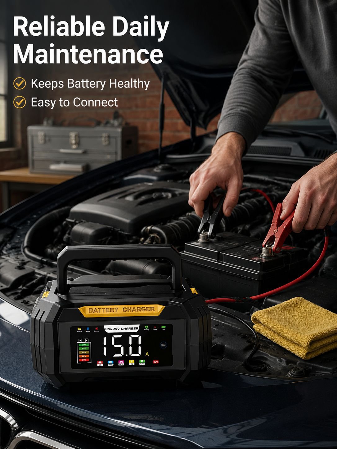 New portable 12V lead-acid/lithium iron phosphate universal car battery charger with concealed cable