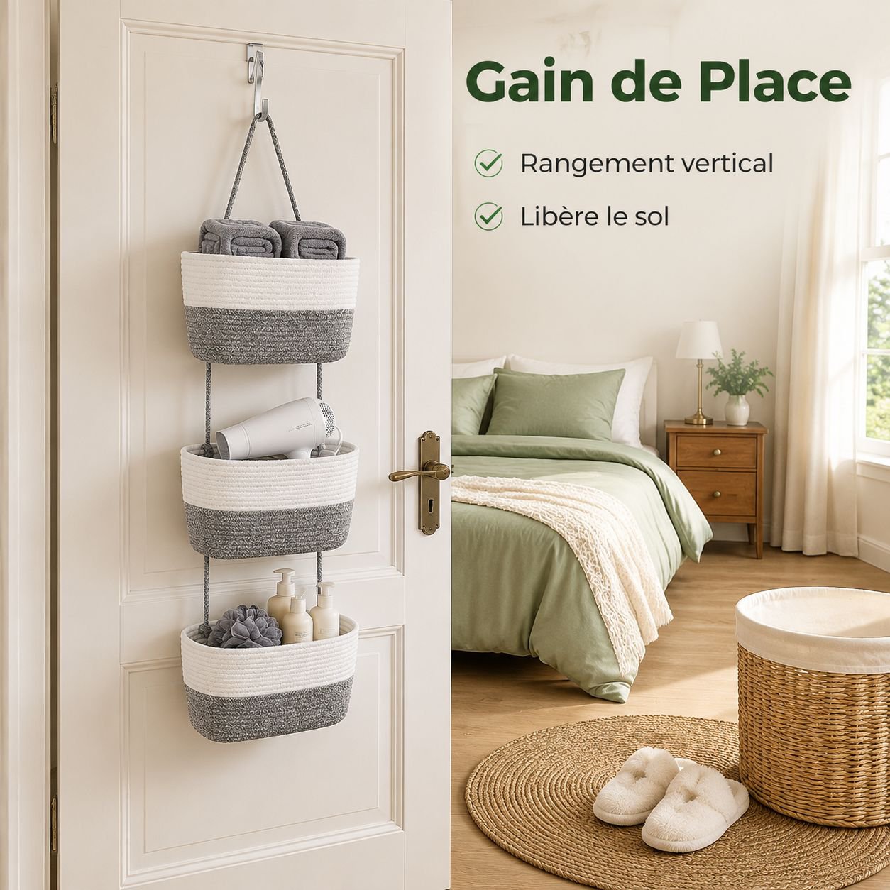 JMY panier suspendu à trois couches panier de rangement tissé en corde de coton