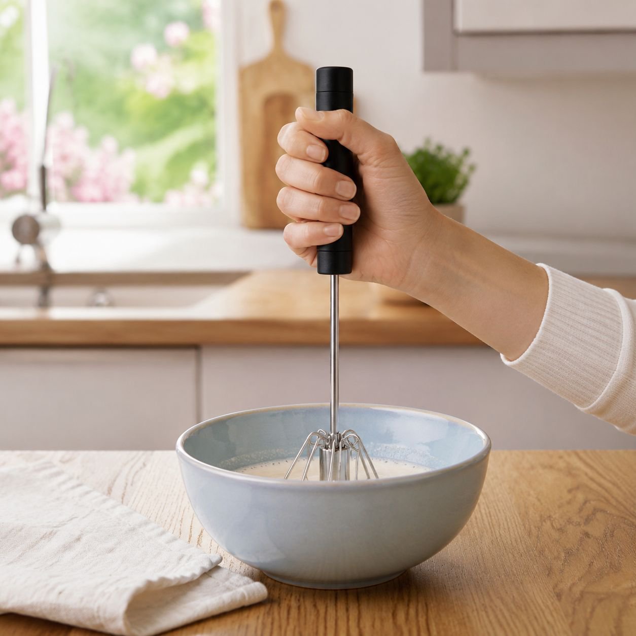 High-Efficiency Durable Manual Egg Beater on kitchen counter