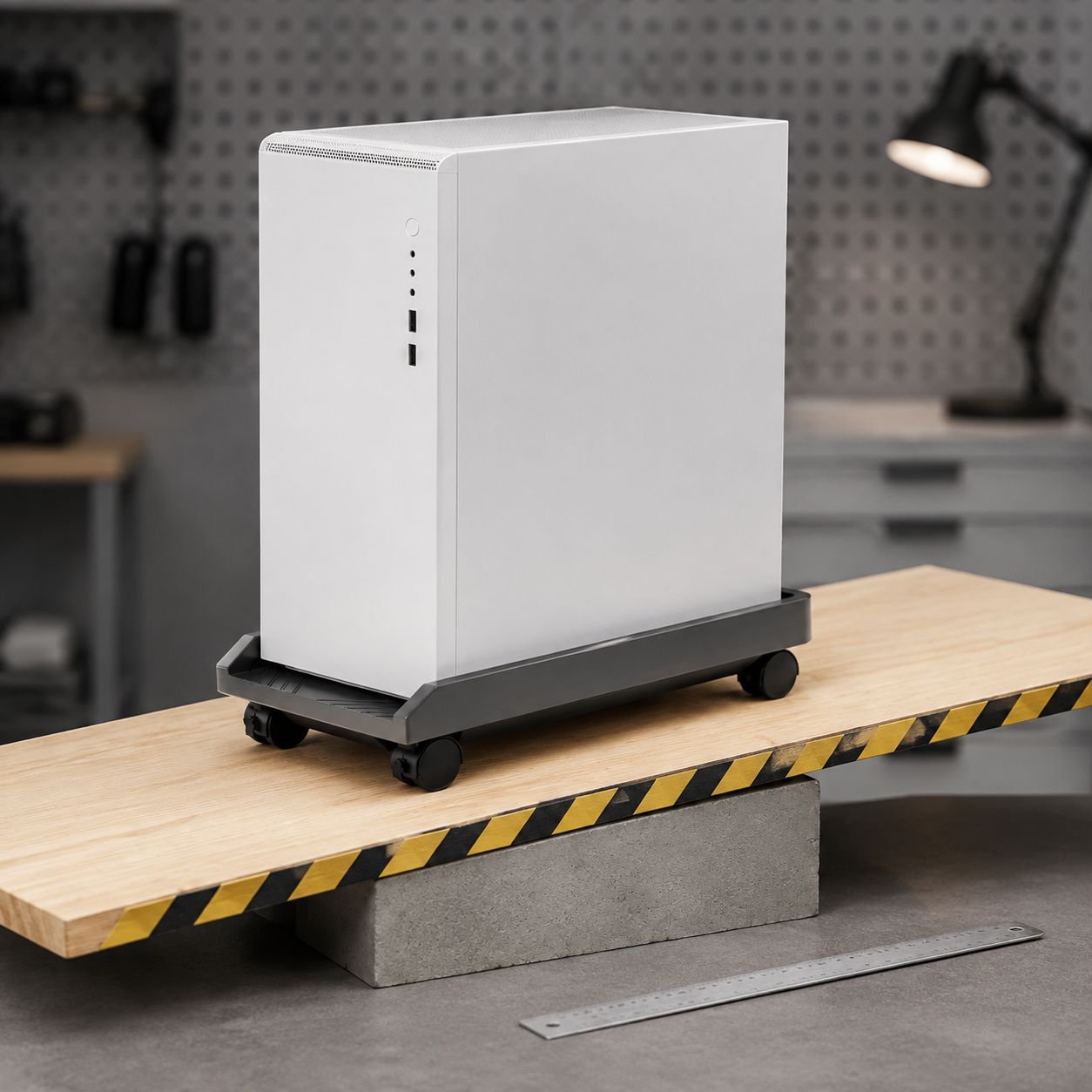 Side view of rolling computer and printer stand for home use