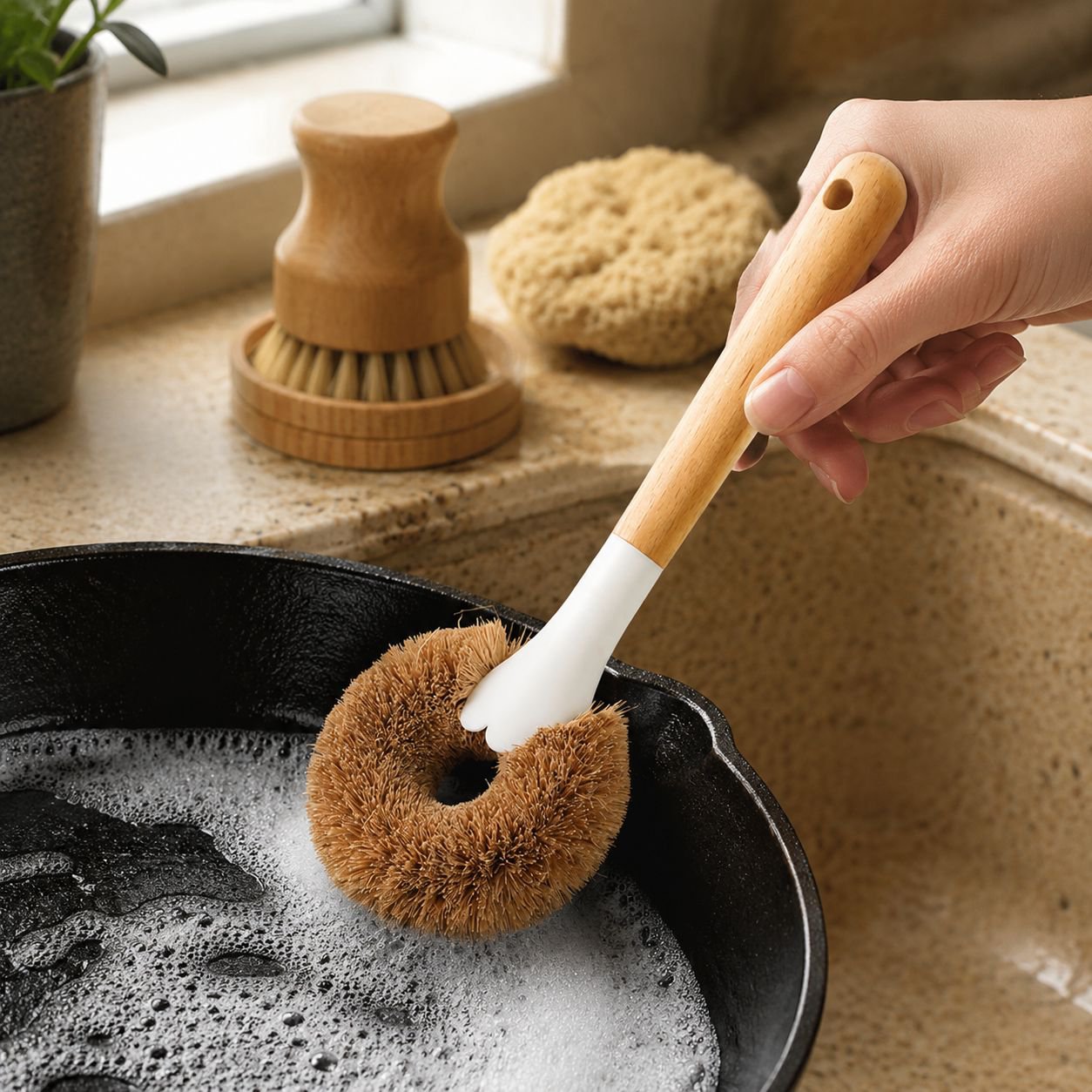 Multipurpose coconut fiber cleaning brush on white background