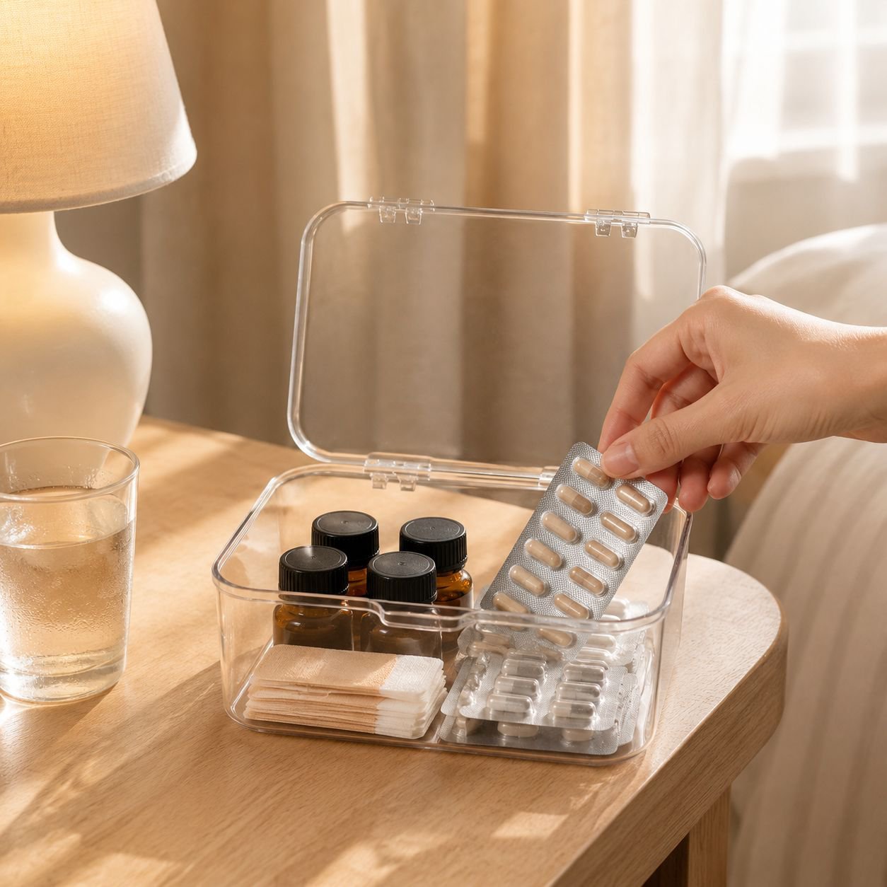 Multi-purpose clear storage container in use