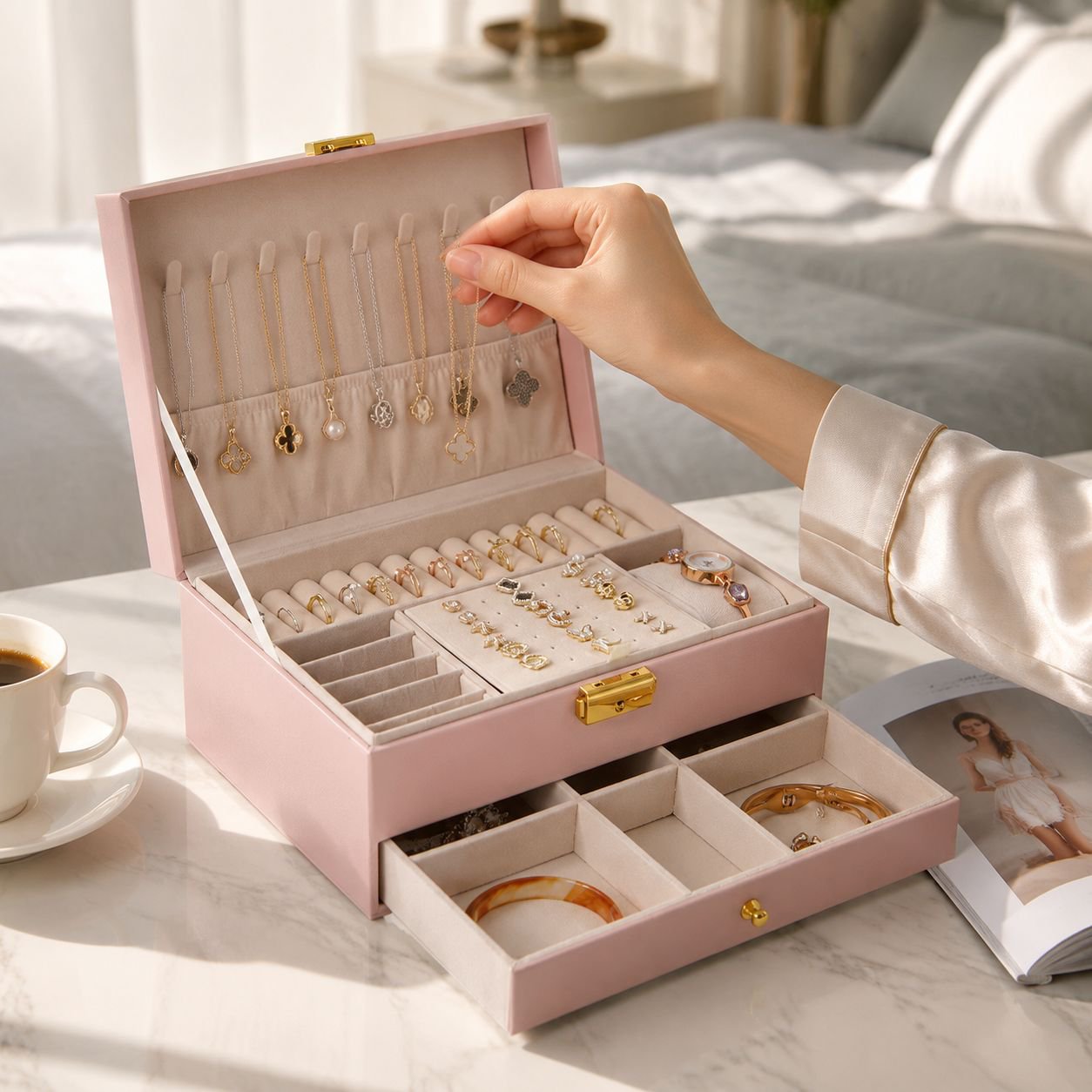 Portable Double-Layer Drawer Leather Jewelry Box, Luxury Earring Organizer with Lock