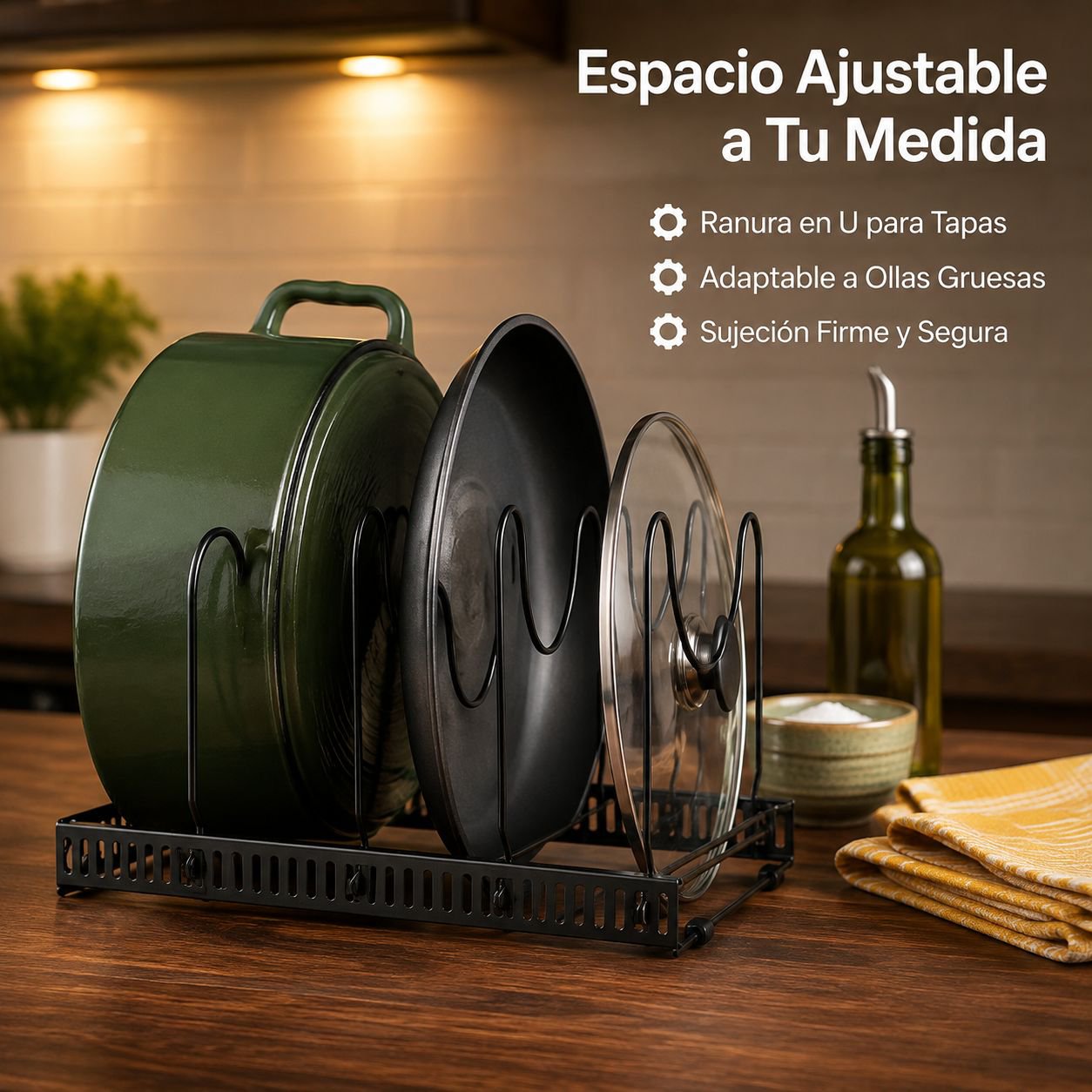 Estante organizador ajustable para sartenes y tapas, multifuncional