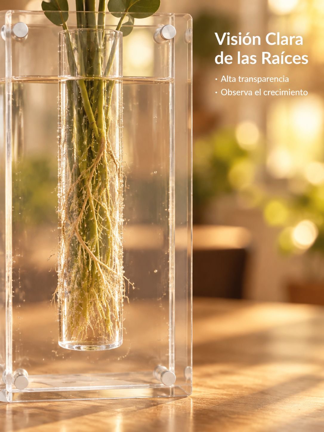 Jarrón para hidroponía con plantas verdes