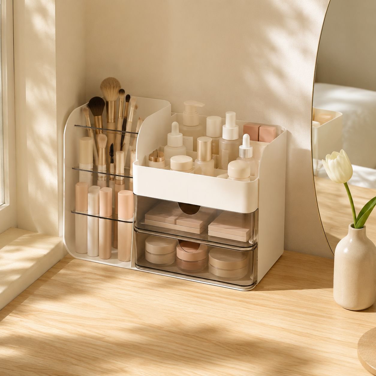 Multifunctional Desktop Cosmetic Organizer Box with Oblique Pen Holder Design