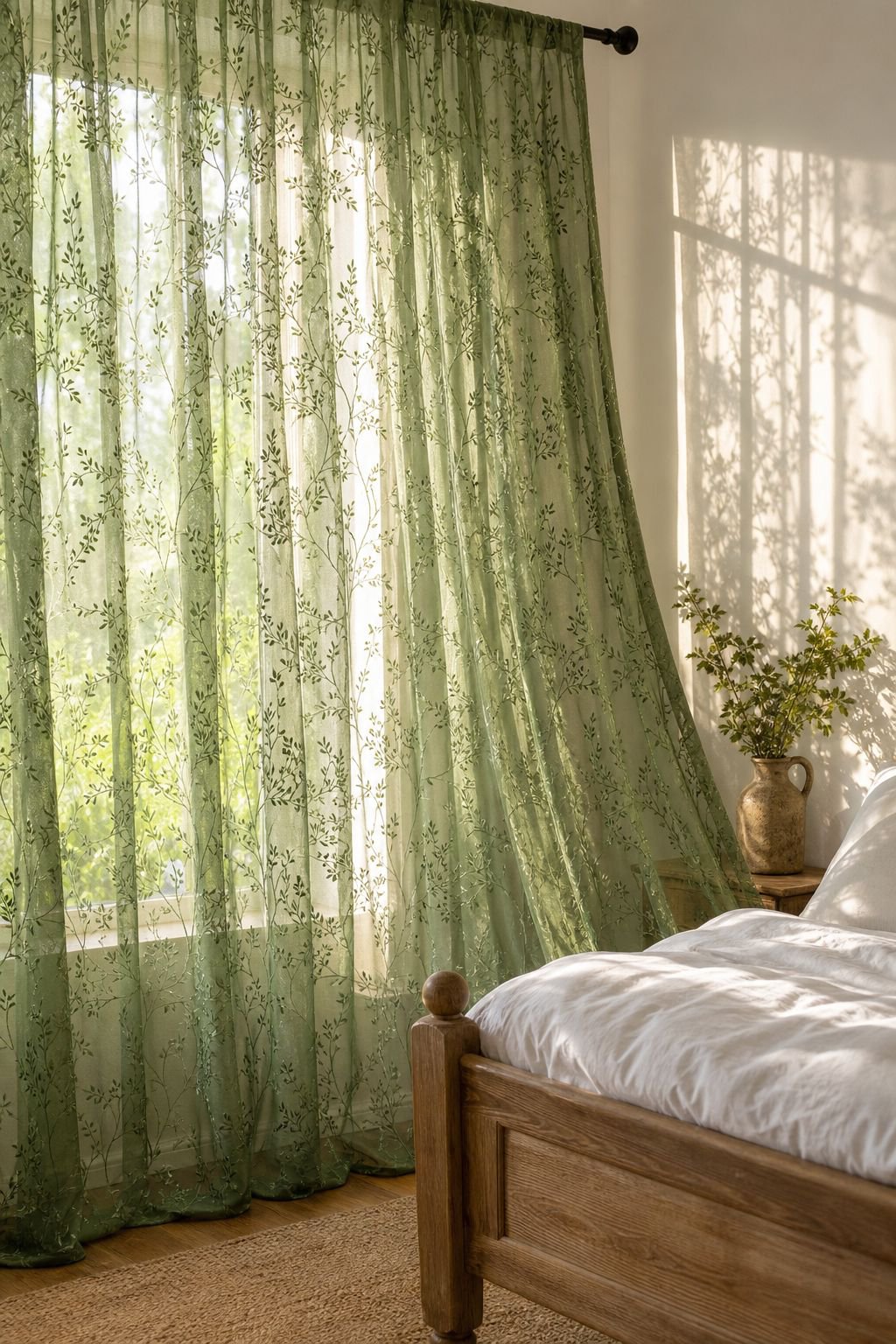 Bedroom with minimalist tree branch blackout curtains