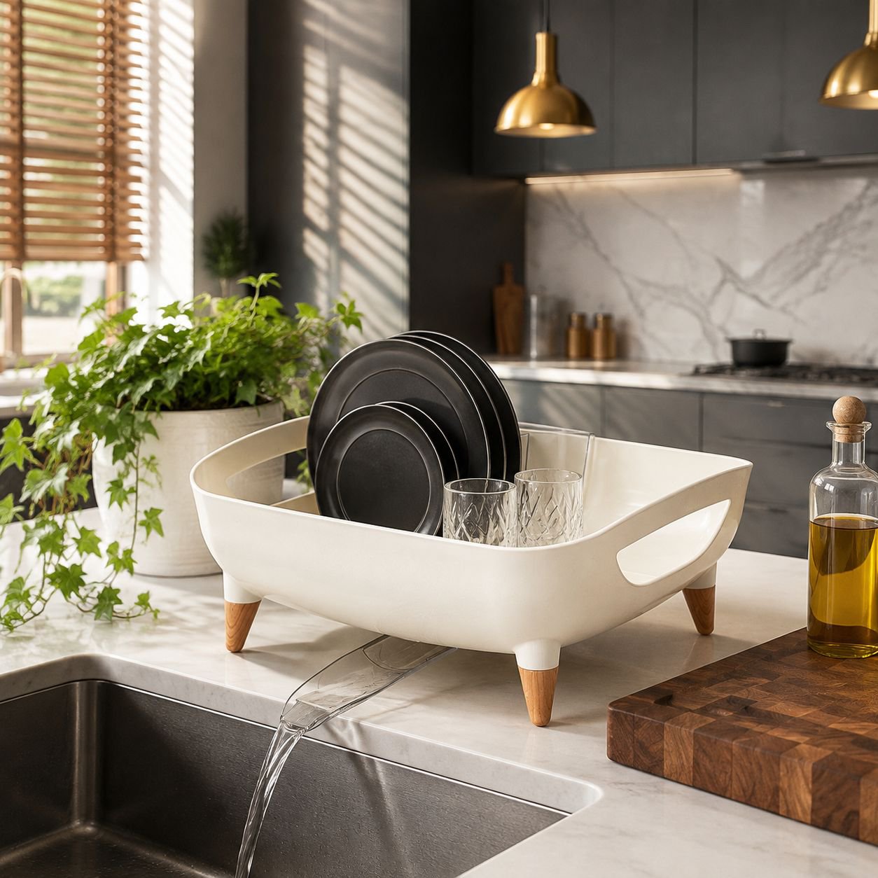 Practical dish drying rack with water drainage system