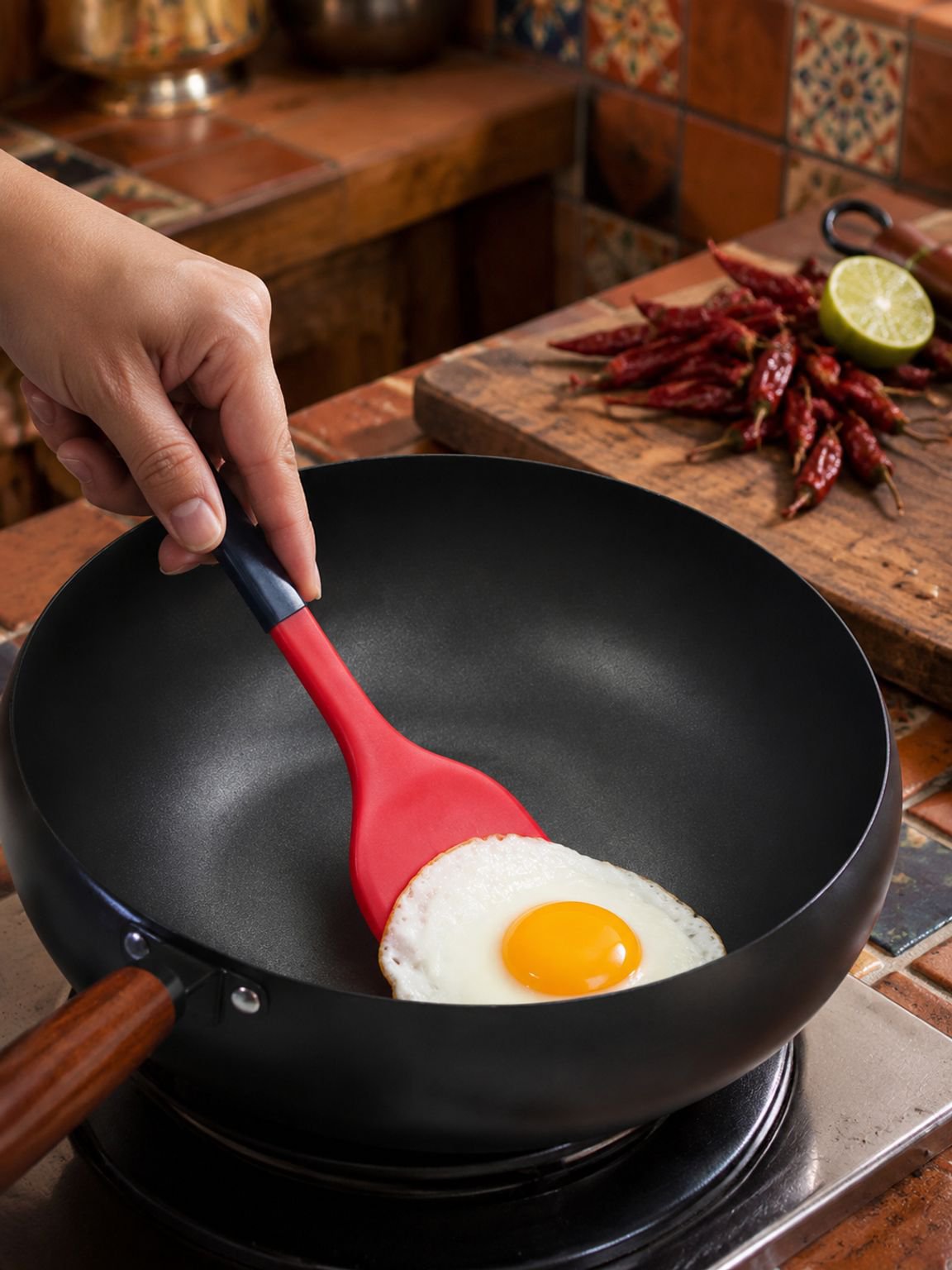 Wok tradicional de hierro con recubrimiento antiadherente