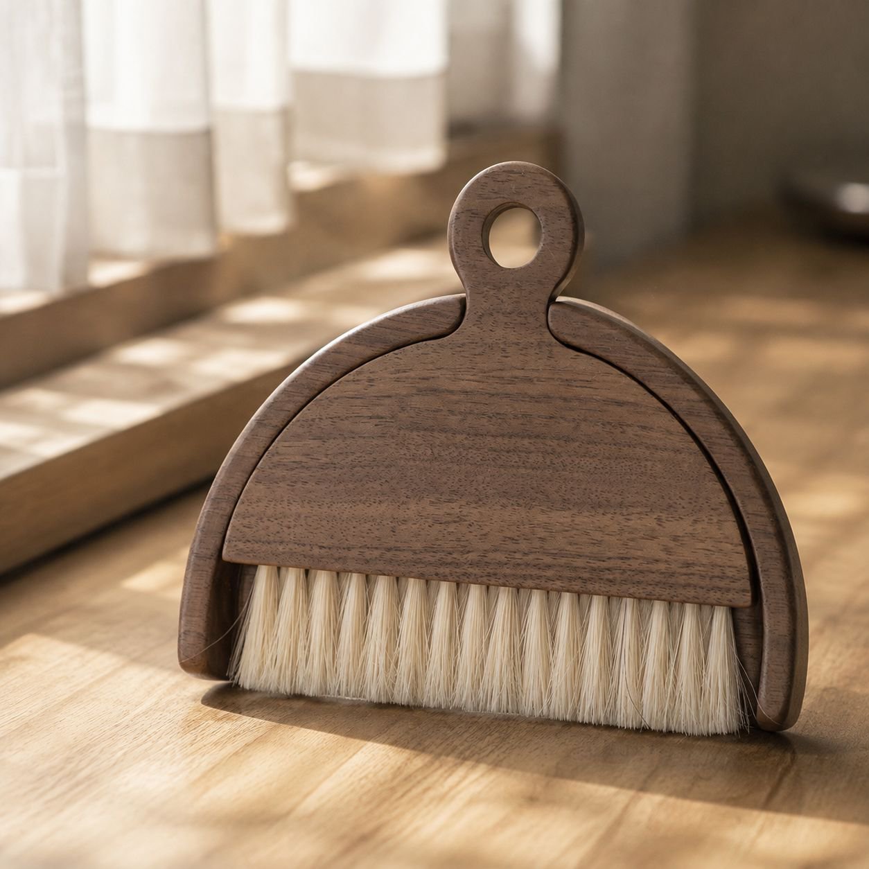 Close-up of walnut wood handle on cleaning brush